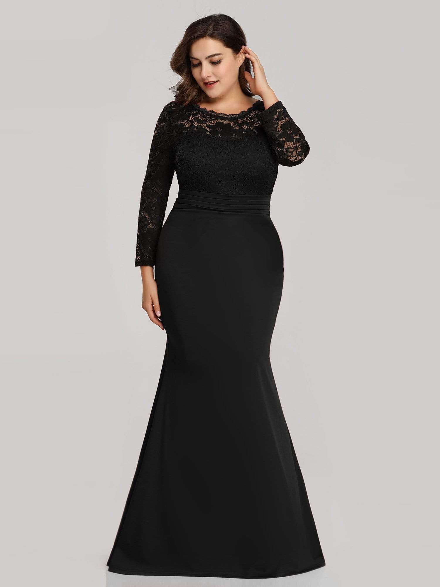 Color=Black | Elegant Mermaid Illusion Neck Long Sleeve Lace Evening Dress-Black 1 Color=Black | Elegant Mermaid Illusion Neck Long Sleeve Lace Evening Dress-Black 1