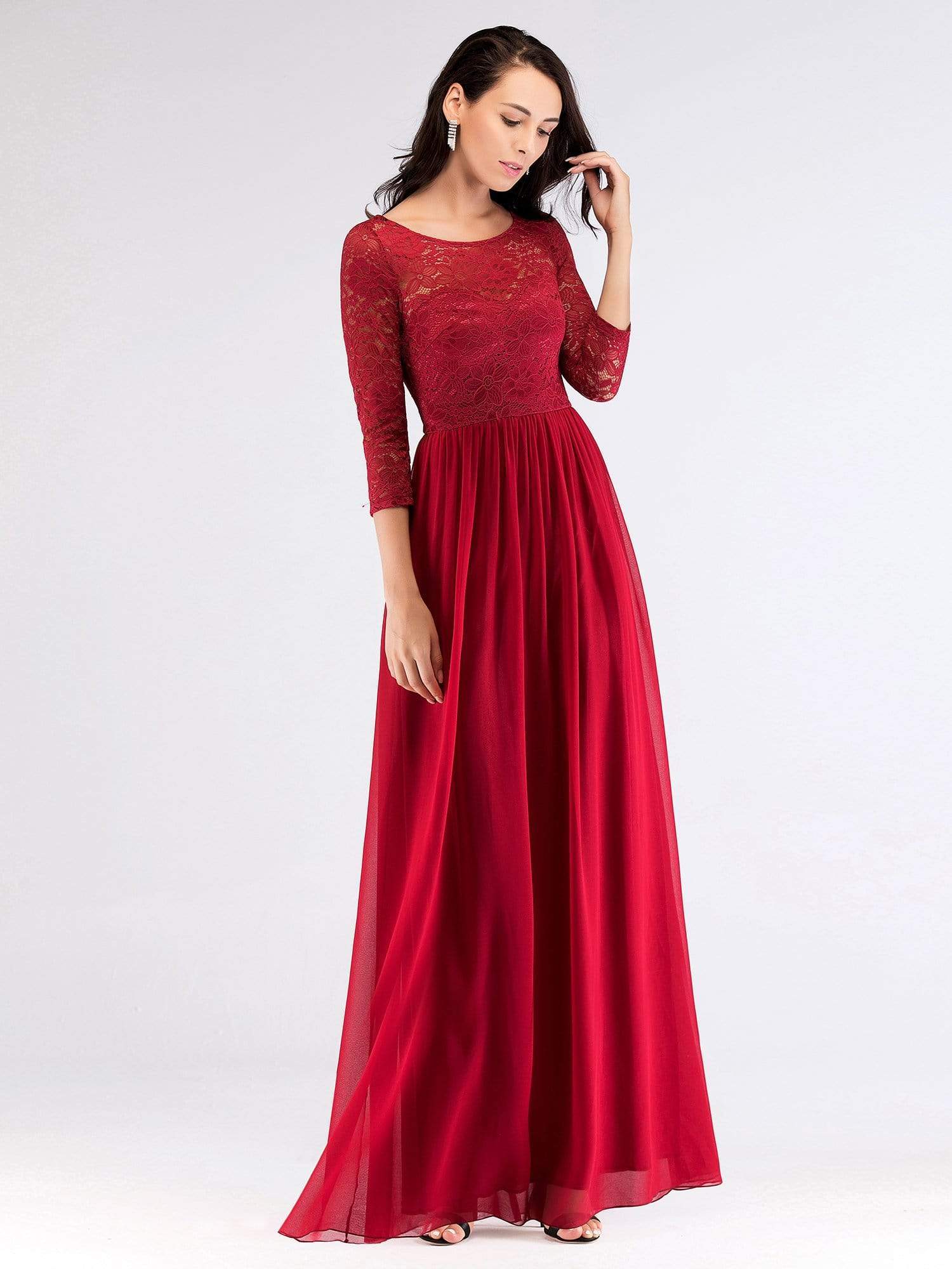Color=Burgundy | Long Bridesmaid Dress With Lace Long Sleeve Bodice-Burgundy 1 Color=Burgundy | Long Bridesmaid Dress With Lace Long Sleeve Bodice-Burgundy 1