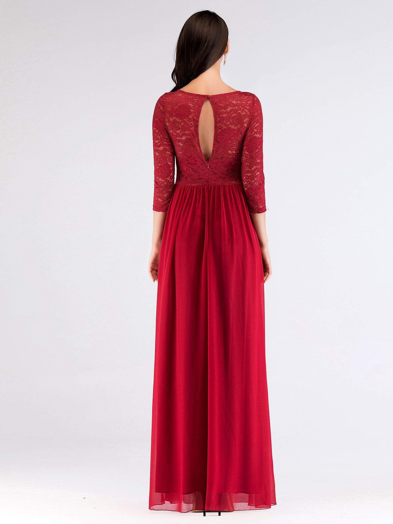 Color=Burgundy | Long Bridesmaid Dress With Lace Long Sleeve Bodice-Burgundy 3 Color=Burgundy | Long Bridesmaid Dress With Lace Long Sleeve Bodice-Burgundy 3