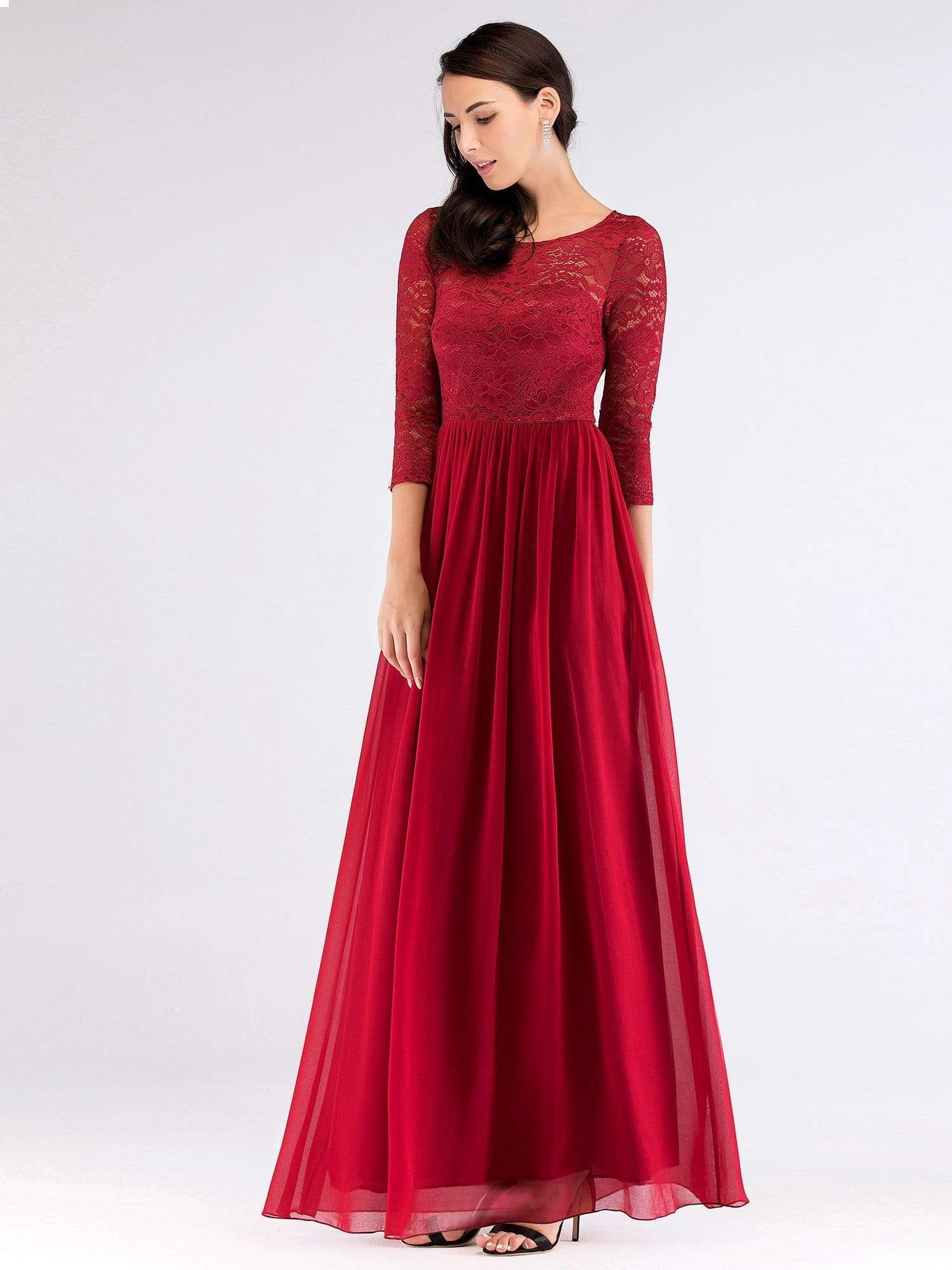 Color=Burgundy | Long Bridesmaid Dress With Lace Long Sleeve Bodice-Burgundy 5 Color=Burgundy | Long Bridesmaid Dress With Lace Long Sleeve Bodice-Burgundy 5
