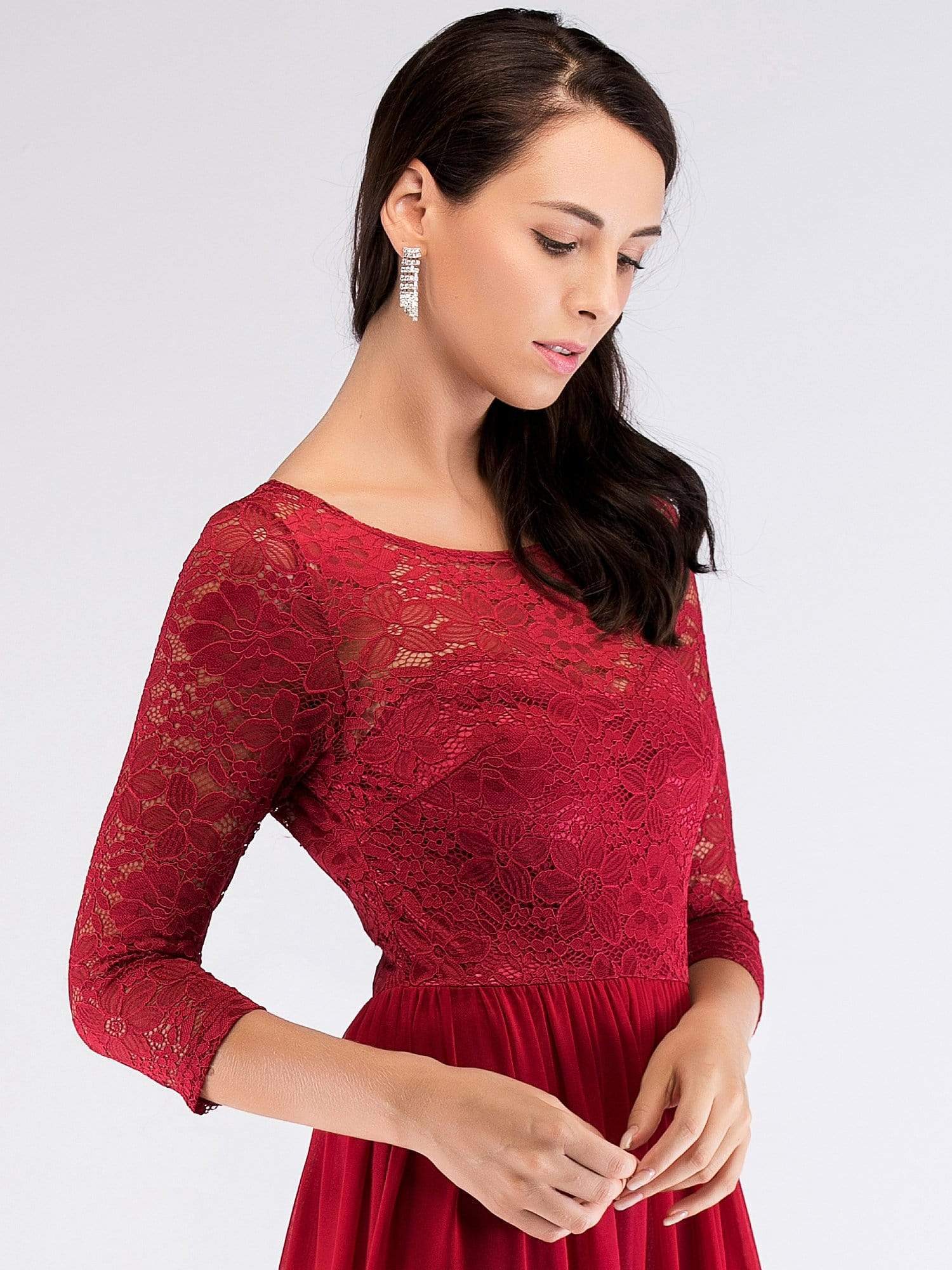 Color=Burgundy | Long Bridesmaid Dress With Lace Long Sleeve Bodice-Burgundy 6 Color=Burgundy | Long Bridesmaid Dress With Lace Long Sleeve Bodice-Burgundy 6