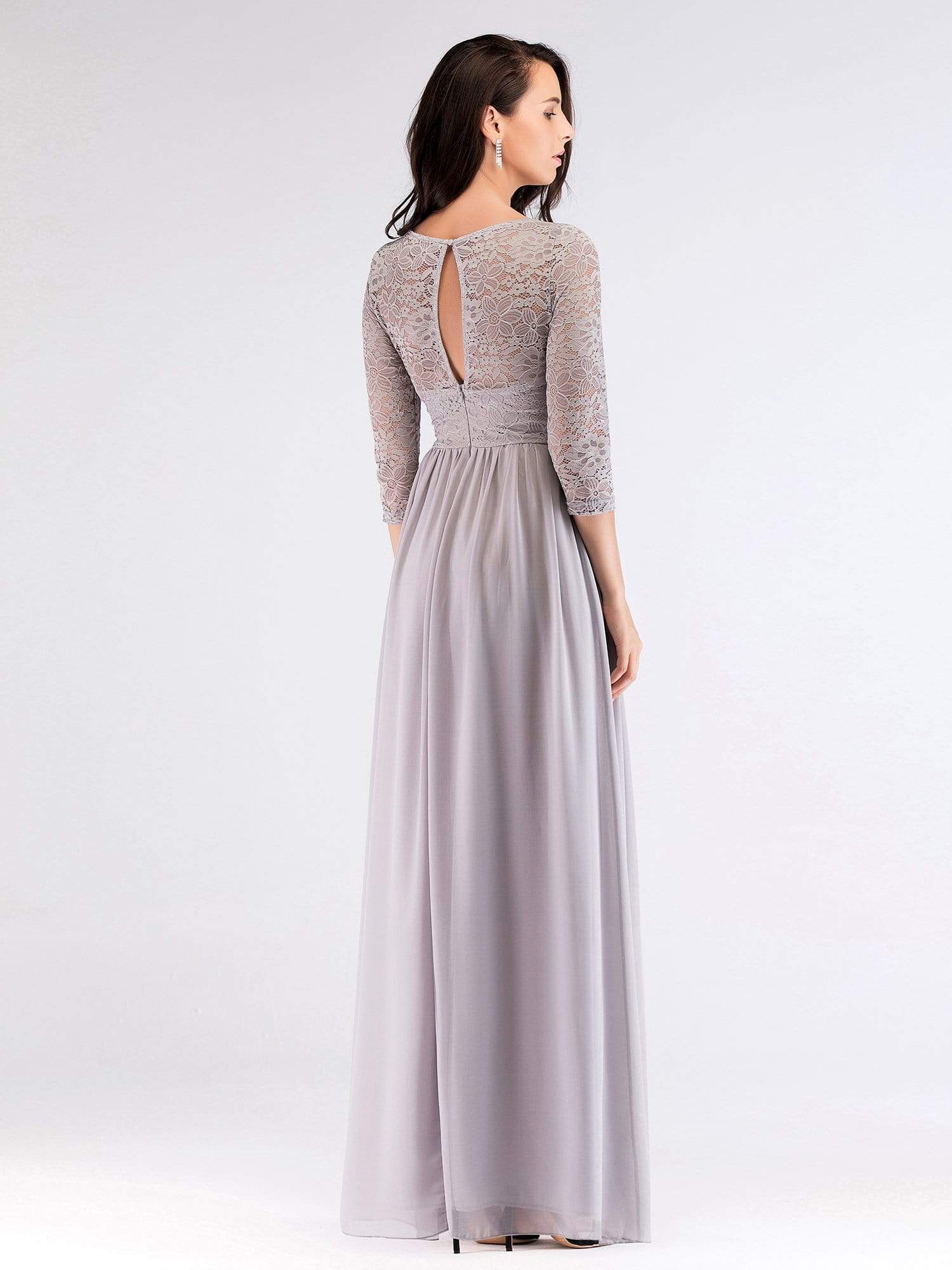 Color=Grey | Long Bridesmaid Dress With Lace Long Sleeve Bodice-Grey 3 Color=Grey | Long Bridesmaid Dress With Lace Long Sleeve Bodice-Grey 3