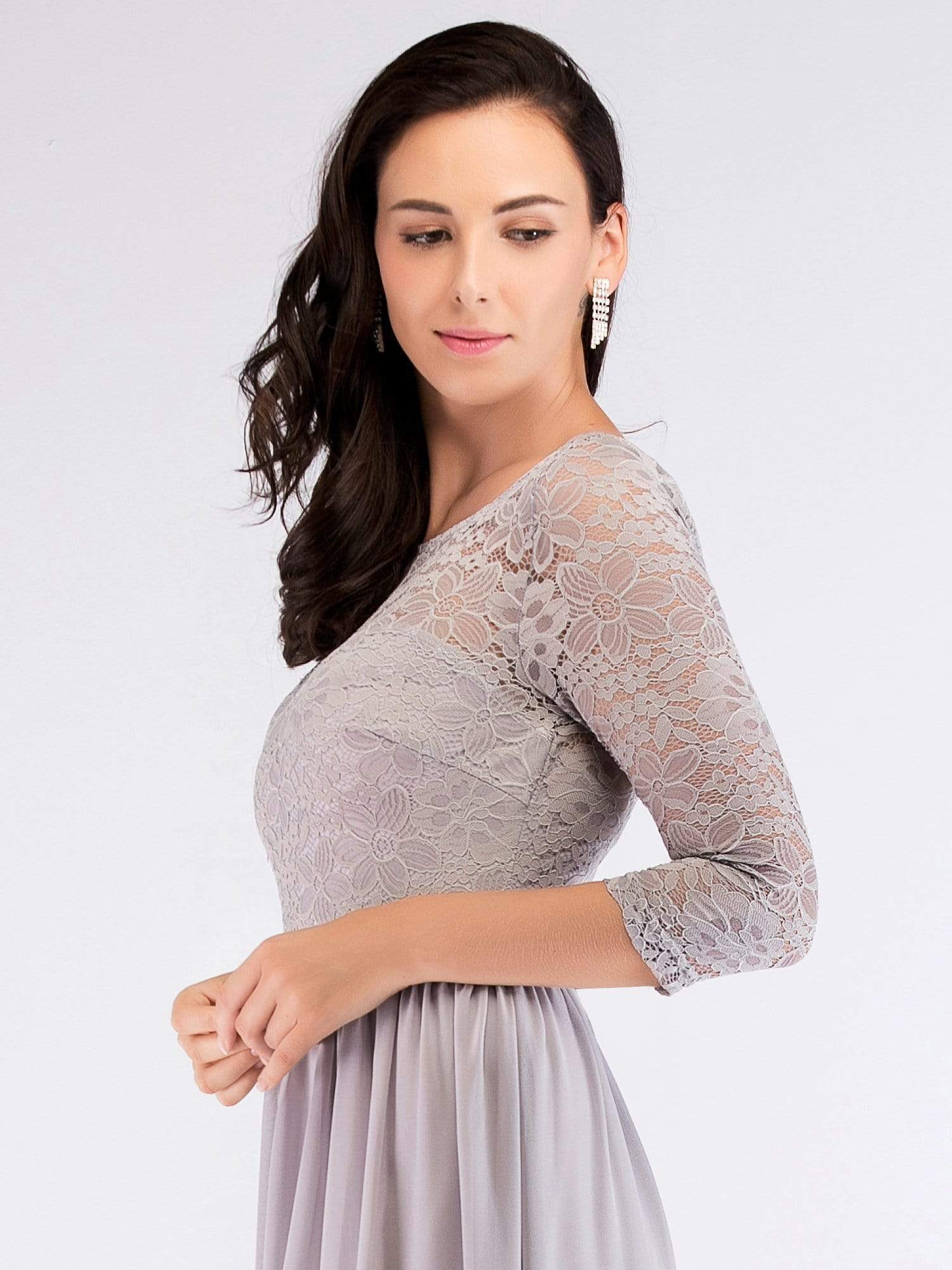 Color=Grey | Long Bridesmaid Dress With Lace Long Sleeve Bodice-Grey 6 Color=Grey | Long Bridesmaid Dress With Lace Long Sleeve Bodice-Grey 6