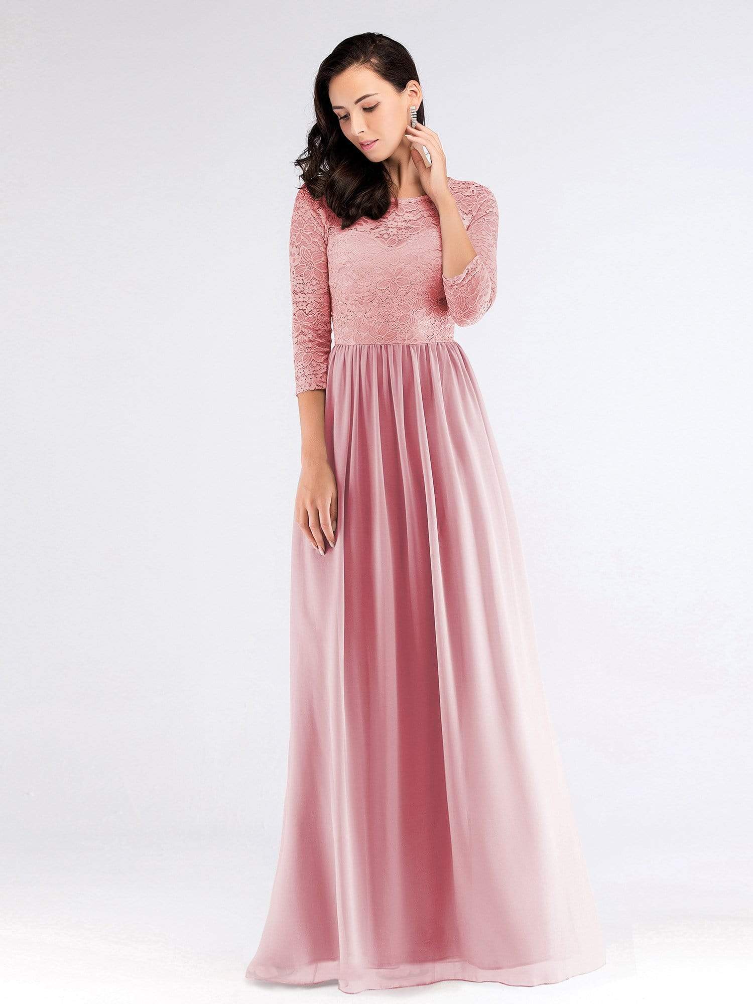 Color=Pink | Long Bridesmaid Dress With Lace Long Sleeve Bodice-Pink 1 Color=Pink | Long Bridesmaid Dress With Lace Long Sleeve Bodice-Pink 1