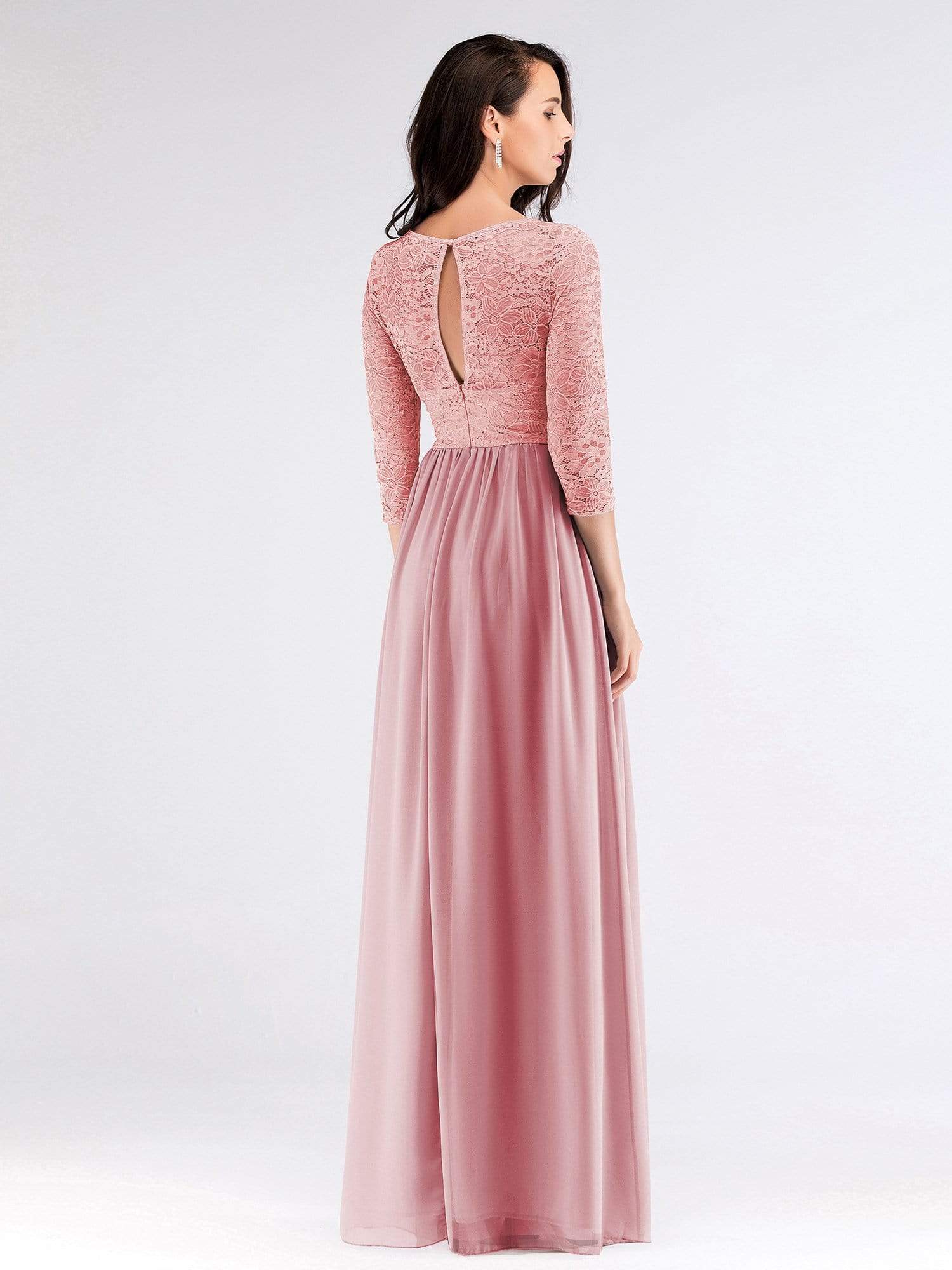 Color=Pink | Long Bridesmaid Dress With Lace Long Sleeve Bodice-Pink 3 Color=Pink | Long Bridesmaid Dress With Lace Long Sleeve Bodice-Pink 3