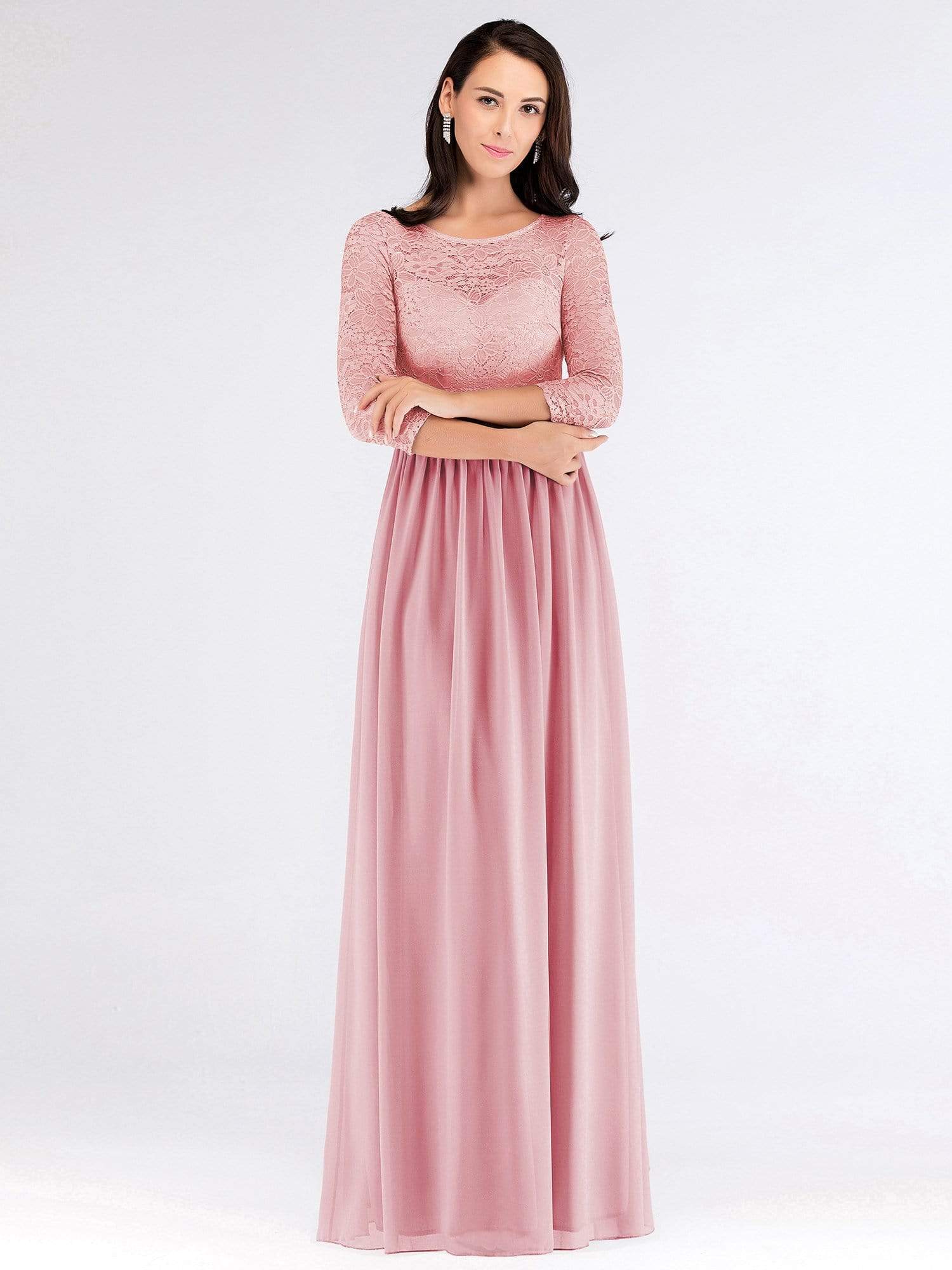 Color=Pink | Long Bridesmaid Dress With Lace Long Sleeve Bodice-Pink 4 Color=Pink | Long Bridesmaid Dress With Lace Long Sleeve Bodice-Pink 4