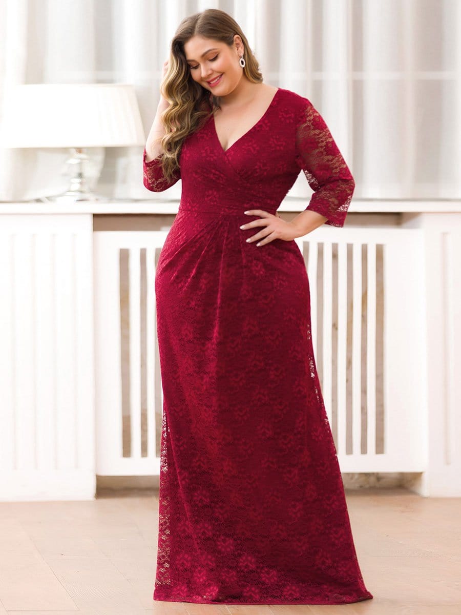 Color=Burgundy | Half Sleeve Lace Evening Dress With V Neck-Burgundy 4 Color=Burgundy | Half Sleeve Lace Evening Dress With V Neck-Burgundy 4