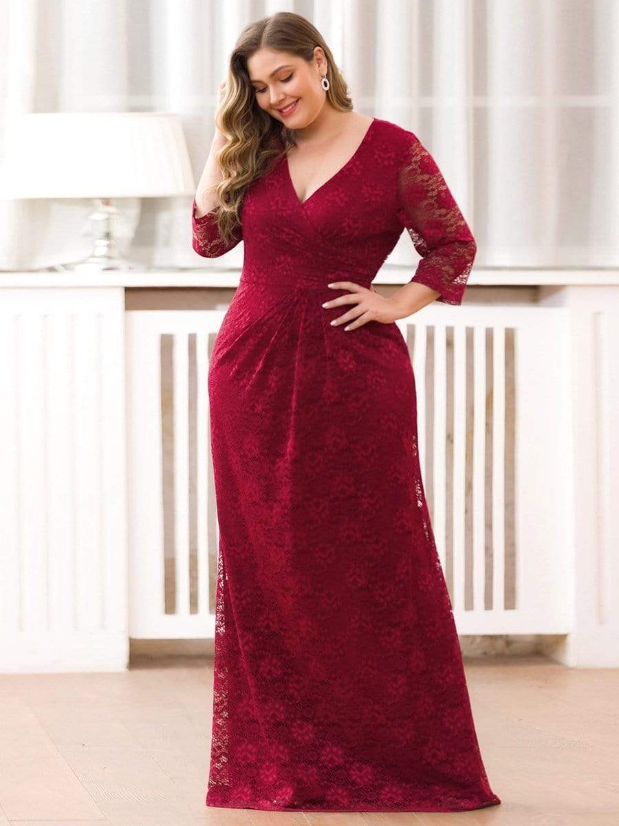 Color=Burgundy | Plus Size Half Sleeve Lace Evening Dress With V Neck-Burgundy 3 Color=Burgundy | Plus Size Half Sleeve Lace Evening Dress With V Neck-Burgundy 3