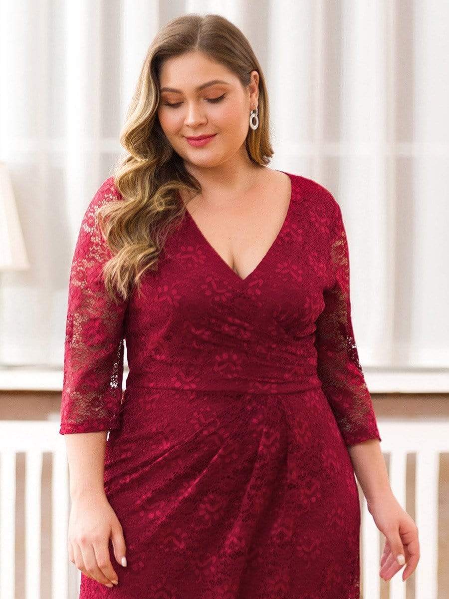 Color=Burgundy | Plus Size Half Sleeve Lace Evening Dress With V Neck-Burgundy 5 Color=Burgundy | Plus Size Half Sleeve Lace Evening Dress With V Neck-Burgundy 5