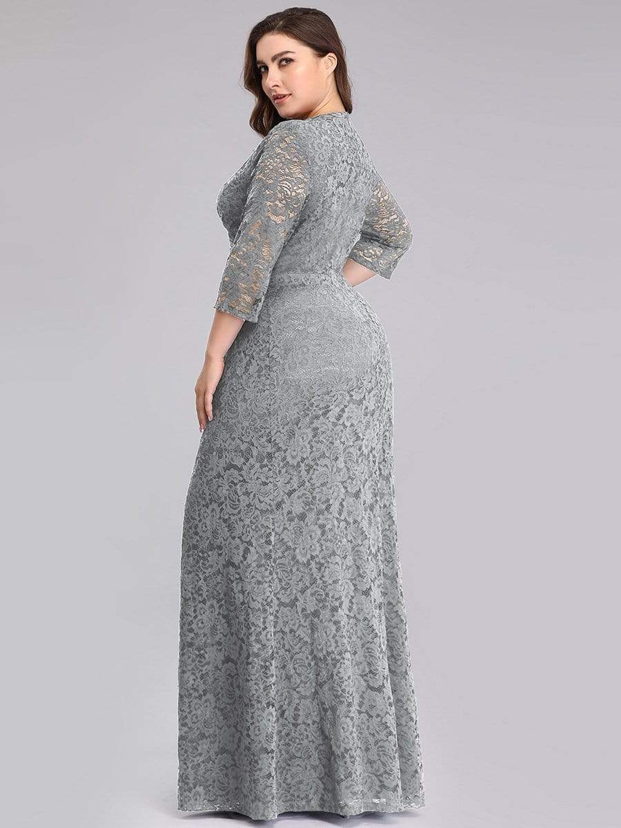 Color=Grey | Plus Size Half Sleeve Lace Evening Dress With V Neck-Grey 2 Color=Grey | Plus Size Half Sleeve Lace Evening Dress With V Neck-Grey 2