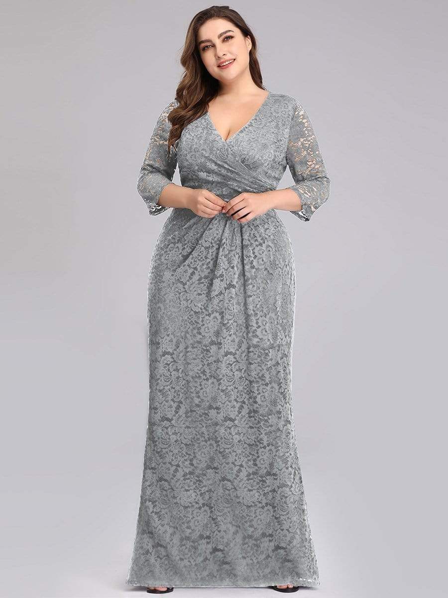 Color=Grey | Plus Size Half Sleeve Lace Evening Dress With V Neck-Grey 3 Color=Grey | Plus Size Half Sleeve Lace Evening Dress With V Neck-Grey 3