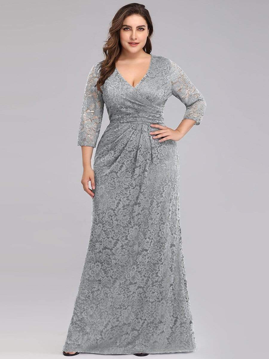 Color=Grey | Plus Size Half Sleeve Lace Evening Dress With V Neck-Grey 1 Color=Grey | Plus Size Half Sleeve Lace Evening Dress With V Neck-Grey 1