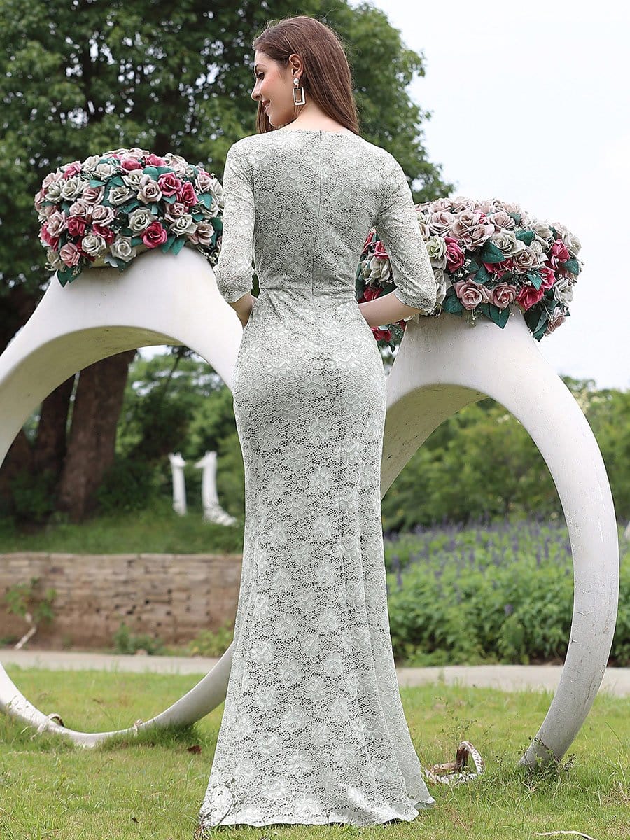 Color=Grey | Half Sleeve Lace Evening Dress With V Neck-Grey 2 Color=Grey | Half Sleeve Lace Evening Dress With V Neck-Grey 2