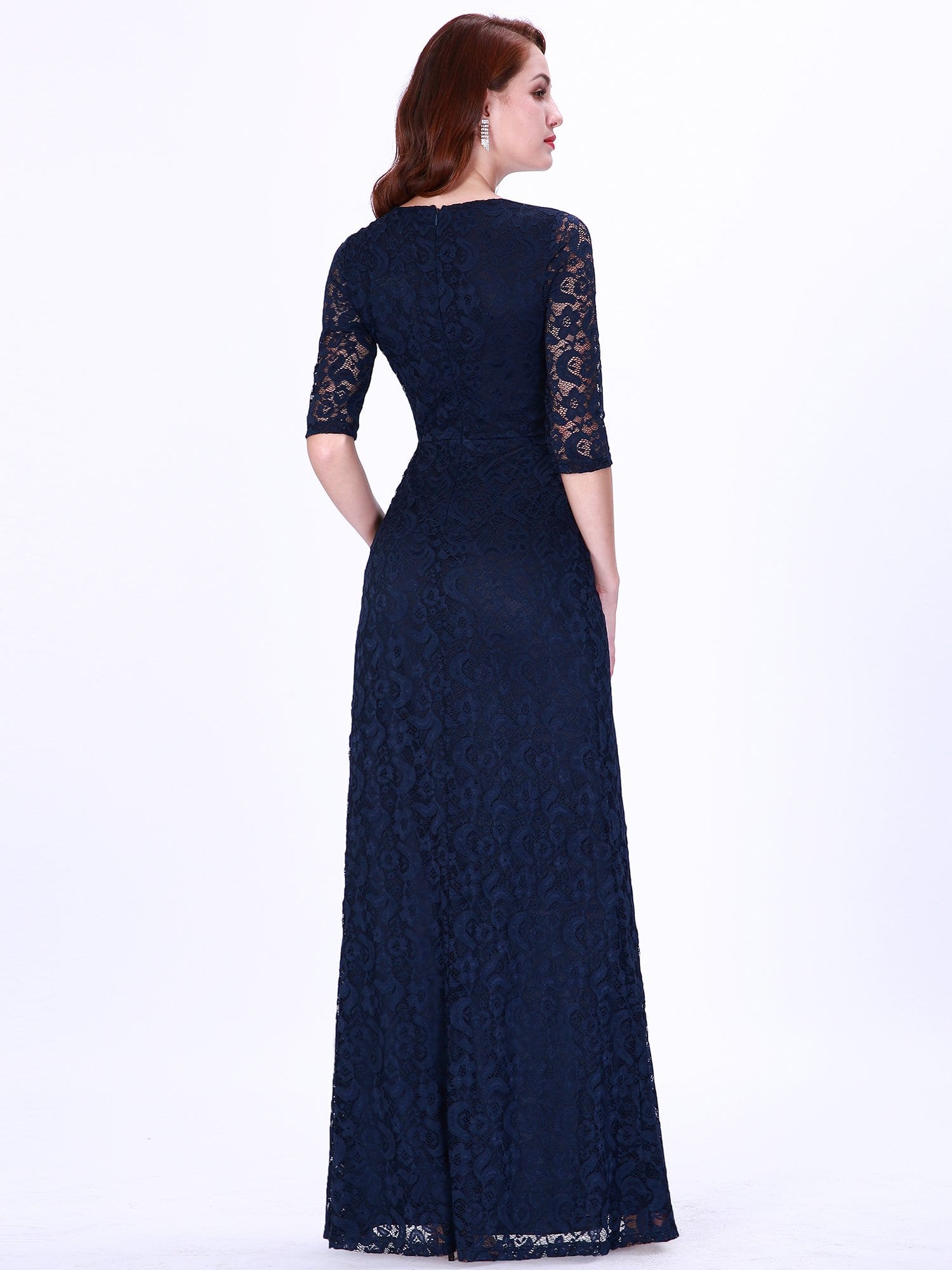 Color=Navy Blue | Half Sleeve Lace Evening Dress With V Neck-Navy Blue 2 Color=Navy Blue | Half Sleeve Lace Evening Dress With V Neck-Navy Blue 2
