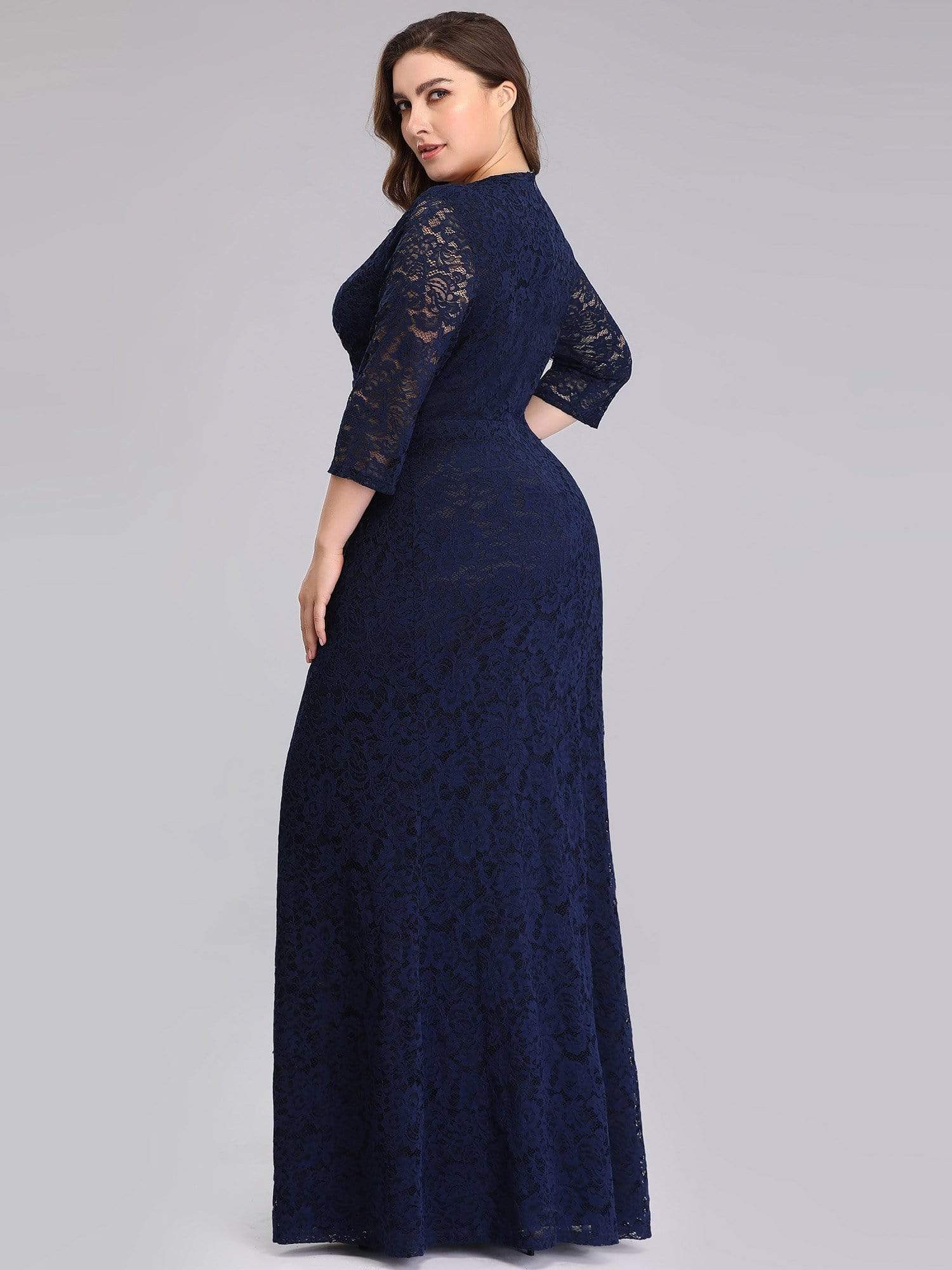 Color=Navy Blue | Plus Size Half Sleeve Lace Evening Dress With V Neck-Navy Blue 2 Color=Navy Blue | Plus Size Half Sleeve Lace Evening Dress With V Neck-Navy Blue 2