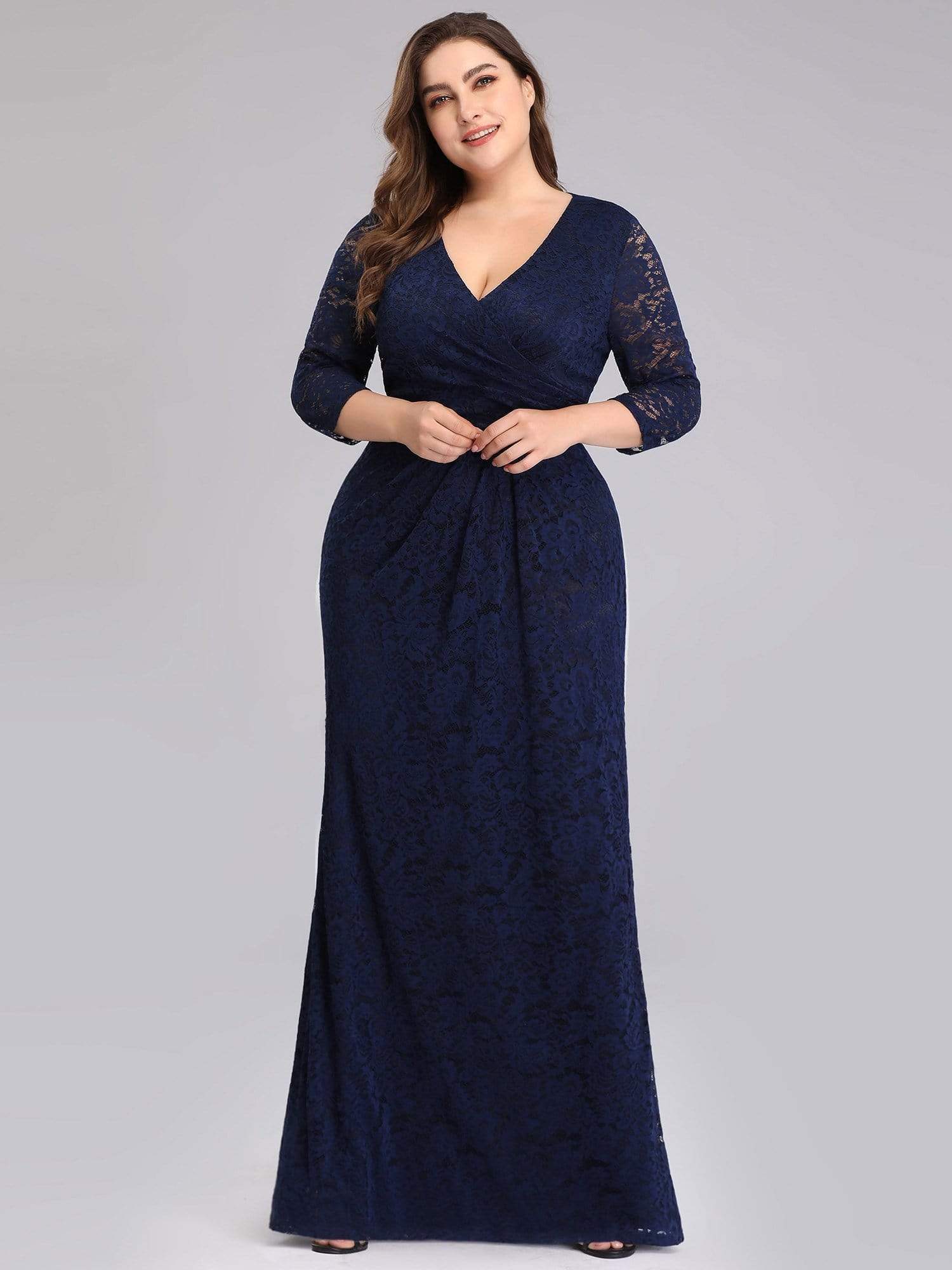 Color=Navy Blue | Plus Size Half Sleeve Lace Evening Dress With V Neck-Navy Blue 3 Color=Navy Blue | Plus Size Half Sleeve Lace Evening Dress With V Neck-Navy Blue 3