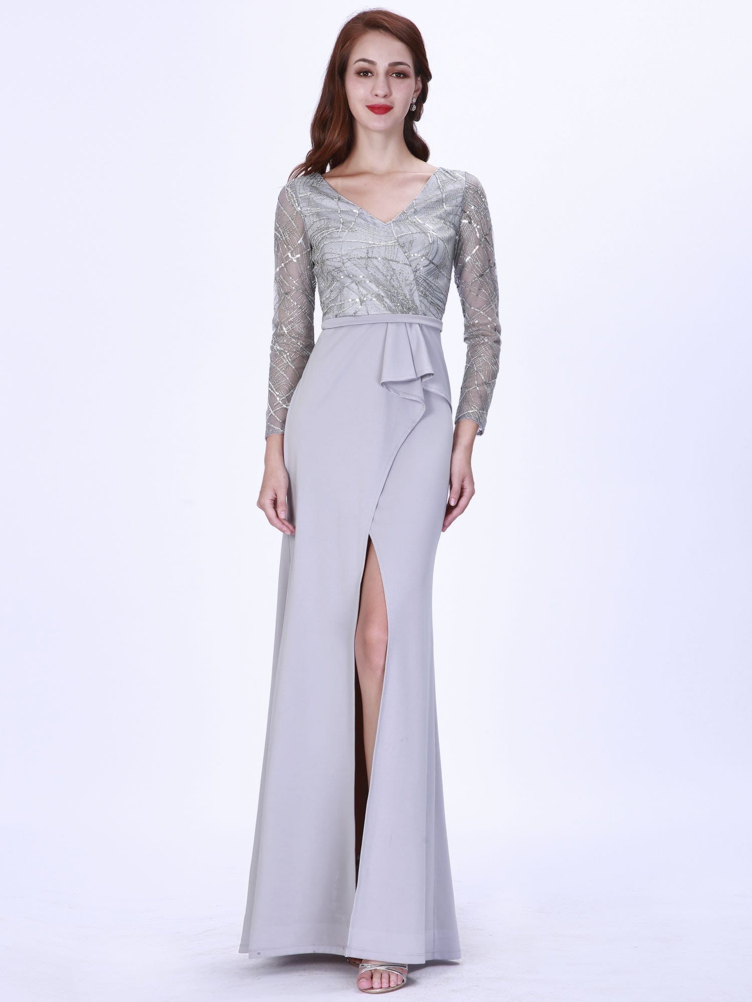 Color=Grey | Elegant V-Neck Long Sleeve Sequined Formal Evening Dress-Grey 1 Color=Grey | Elegant V-Neck Long Sleeve Sequined Formal Evening Dress-Grey 1