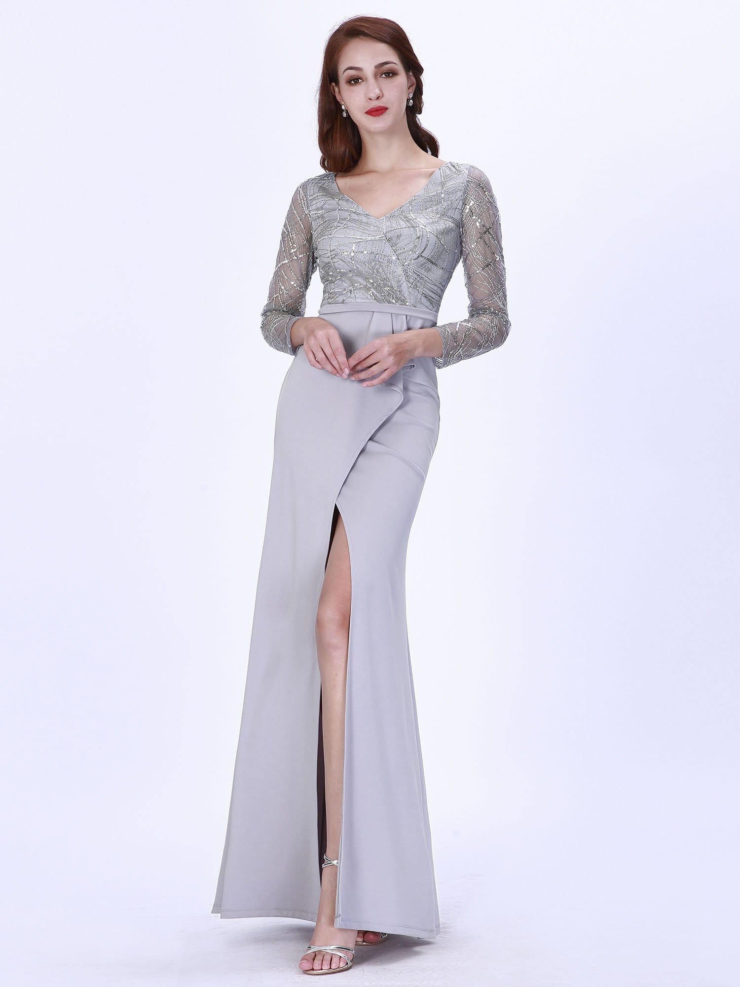 Color=Grey | Elegant V-Neck Long Sleeve Sequined Formal Evening Dress-Grey 3 Color=Grey | Elegant V-Neck Long Sleeve Sequined Formal Evening Dress-Grey 3