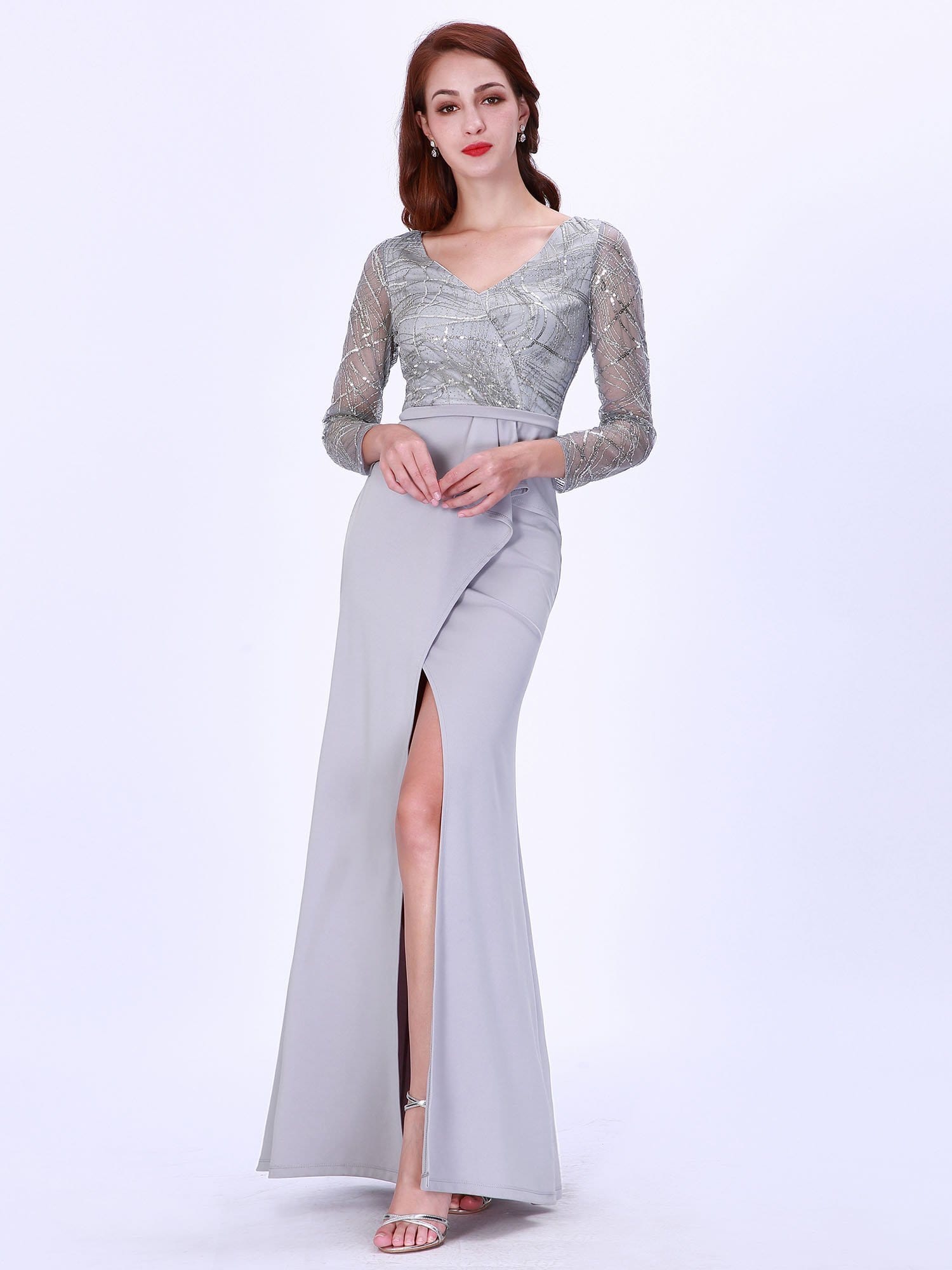 Color=Grey | Elegant V-Neck Long Sleeve Sequined Formal Evening Dress-Grey 4 Color=Grey | Elegant V-Neck Long Sleeve Sequined Formal Evening Dress-Grey 4