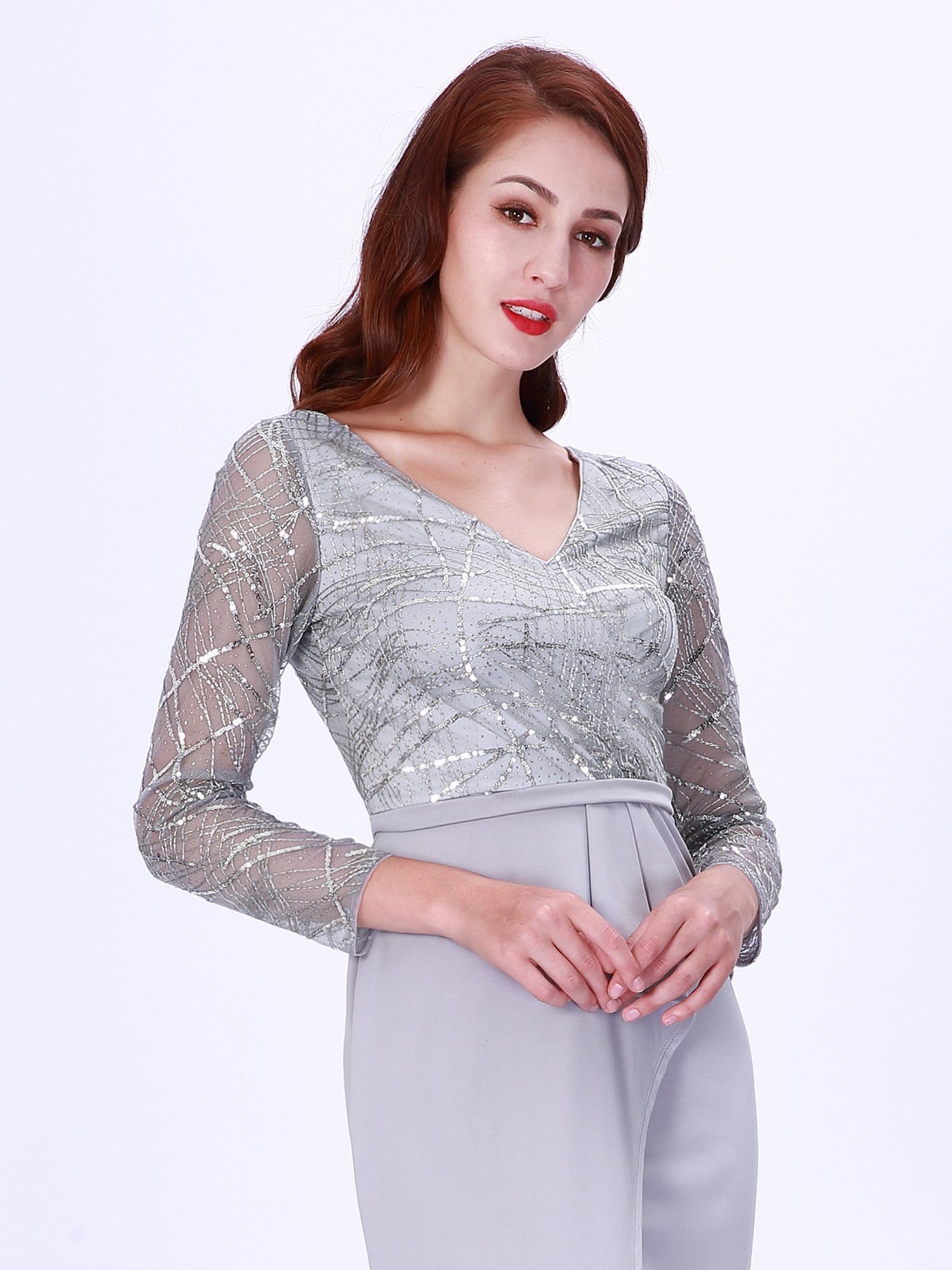 Color=Grey | Elegant V-Neck Long Sleeve Sequined Formal Evening Dress-Grey 5 Color=Grey | Elegant V-Neck Long Sleeve Sequined Formal Evening Dress-Grey 5