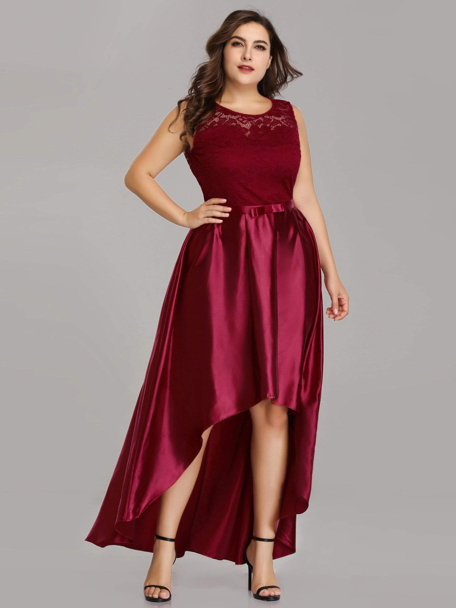 Color=Burgundy | Plus Size High Low Lace & Satin Party Dress-Burgundy 2 Color=Burgundy | Plus Size High Low Lace & Satin Party Dress-Burgundy 2