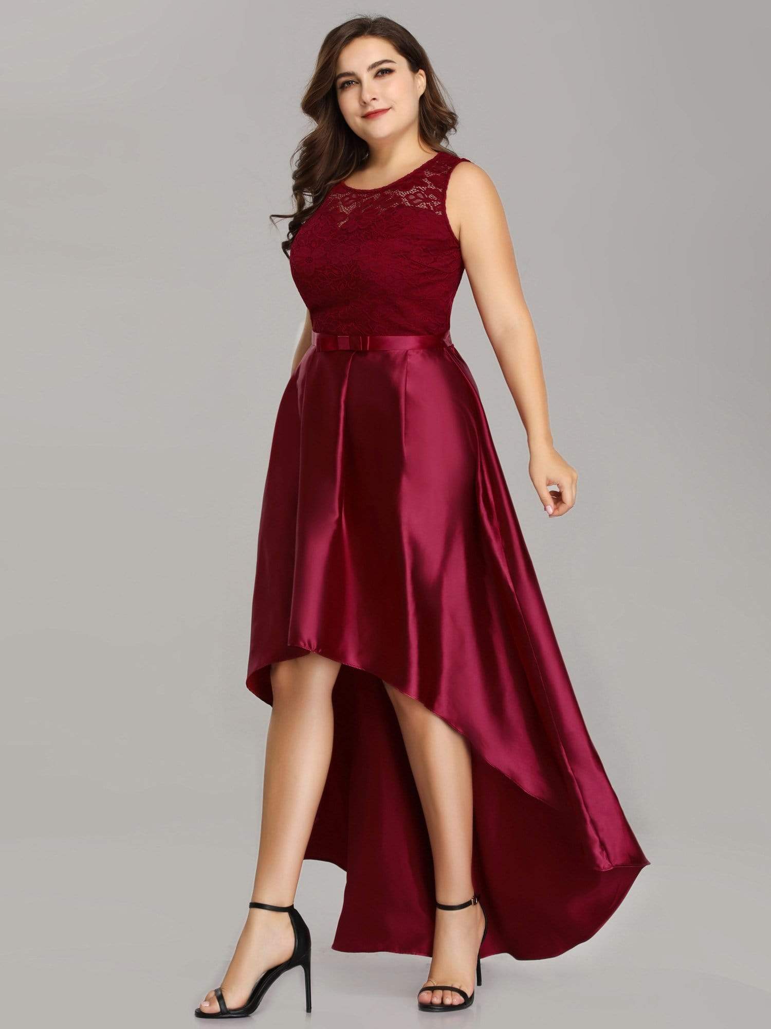 Color=Burgundy | Plus Size High Low Lace & Satin Party Dress-Burgundy 3 Color=Burgundy | Plus Size High Low Lace & Satin Party Dress-Burgundy 3