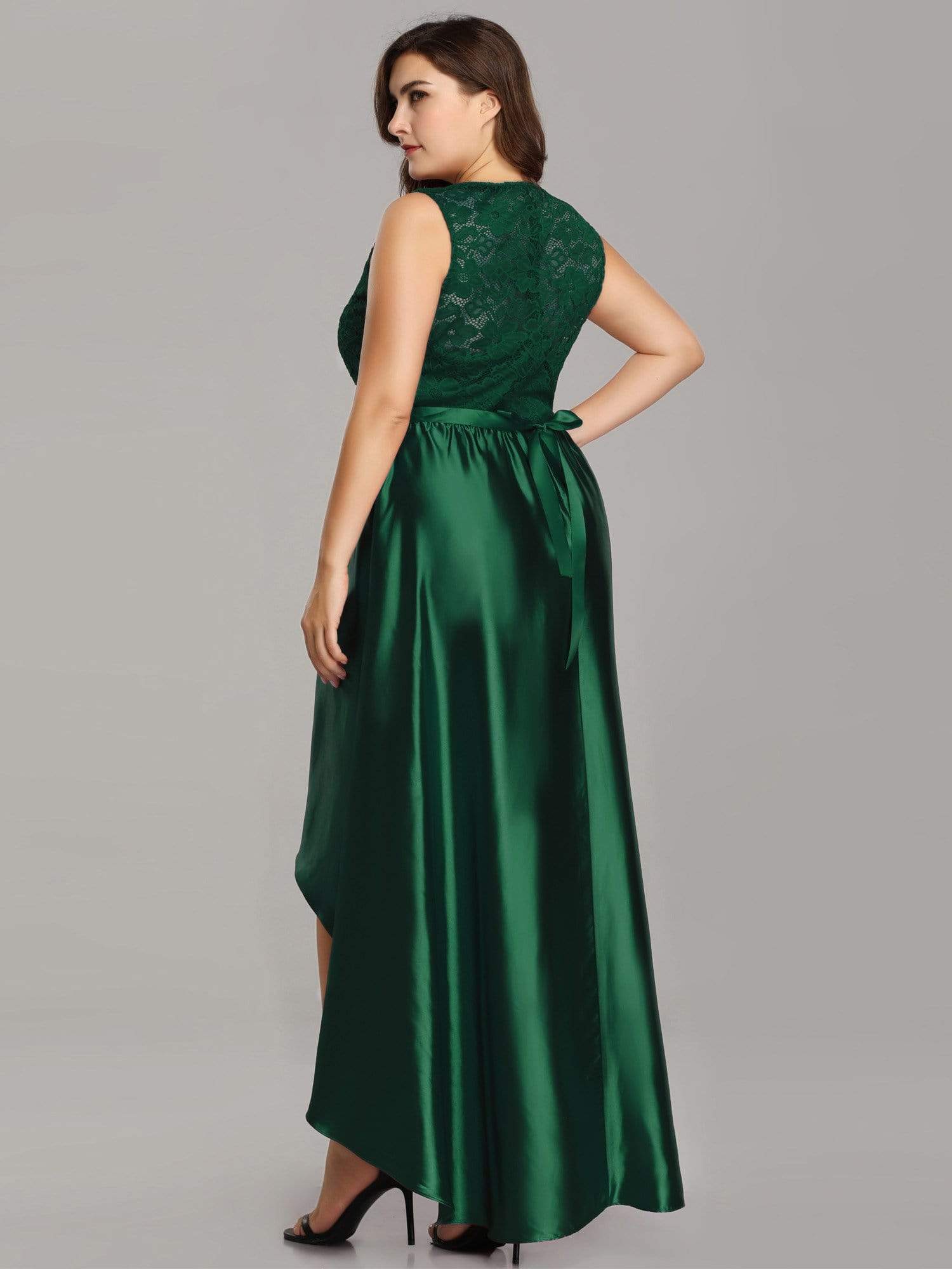 Color=Dark Green | Plus Size High Low Lace & Satin Party Dress-Dark Green 5 Color=Dark Green | Plus Size High Low Lace & Satin Party Dress-Dark Green 5
