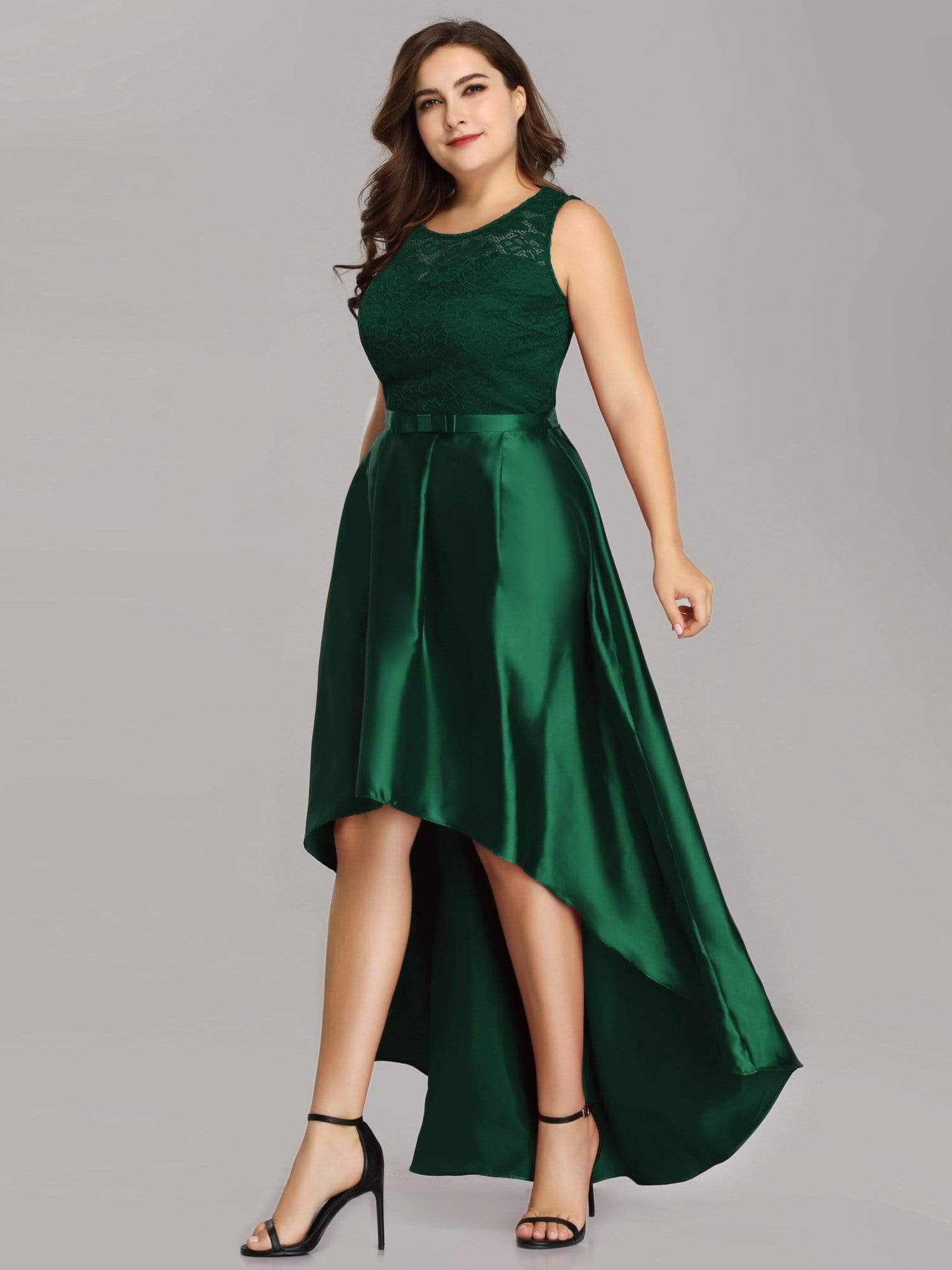 Color=Dark Green | Plus Size High Low Lace & Satin Party Dress-Dark Green 2 Color=Dark Green | Plus Size High Low Lace & Satin Party Dress-Dark Green 2