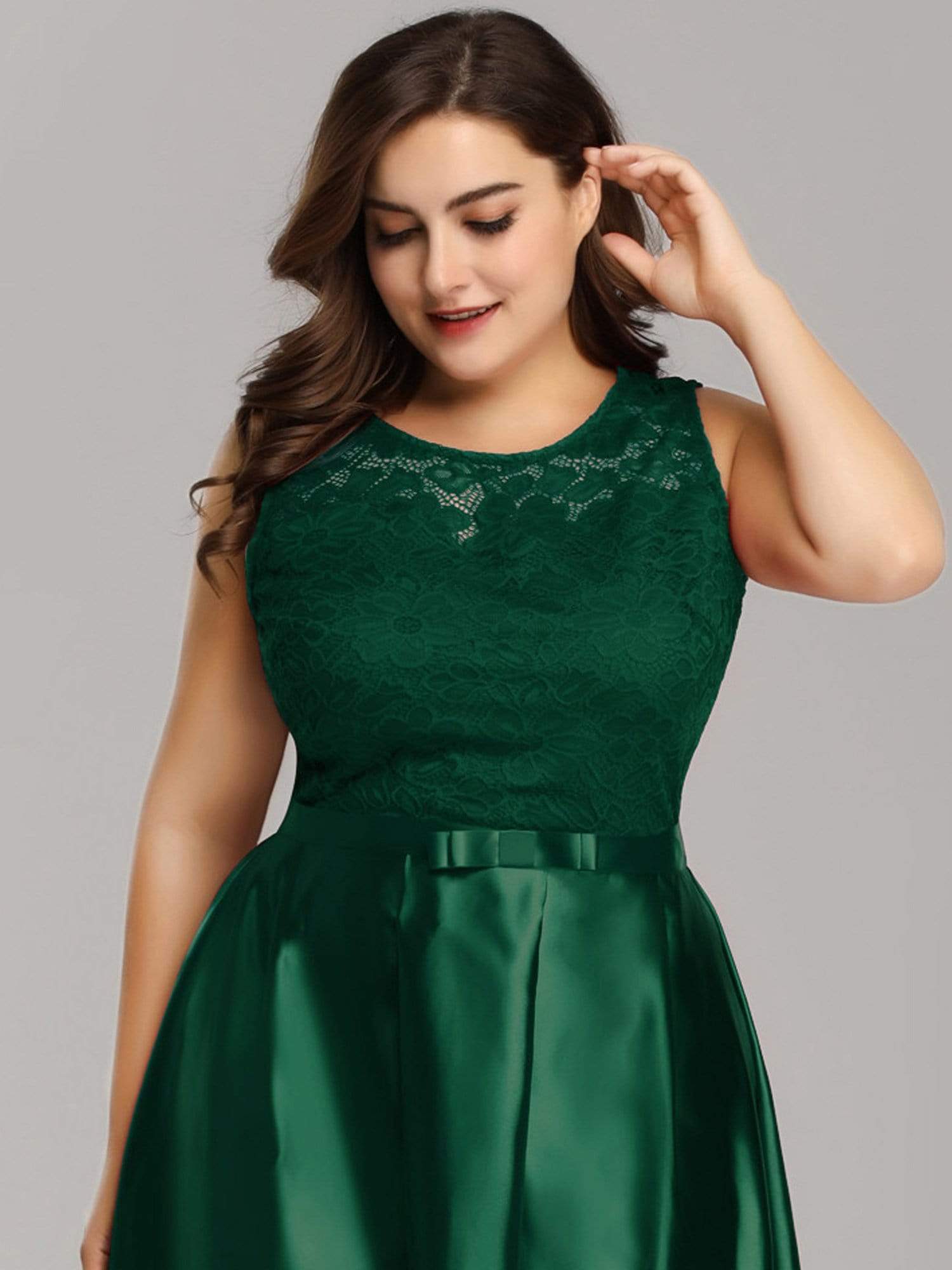 Color=Dark Green | Plus Size High Low Lace & Satin Party Dress-Dark Green 4 Color=Dark Green | Plus Size High Low Lace & Satin Party Dress-Dark Green 4