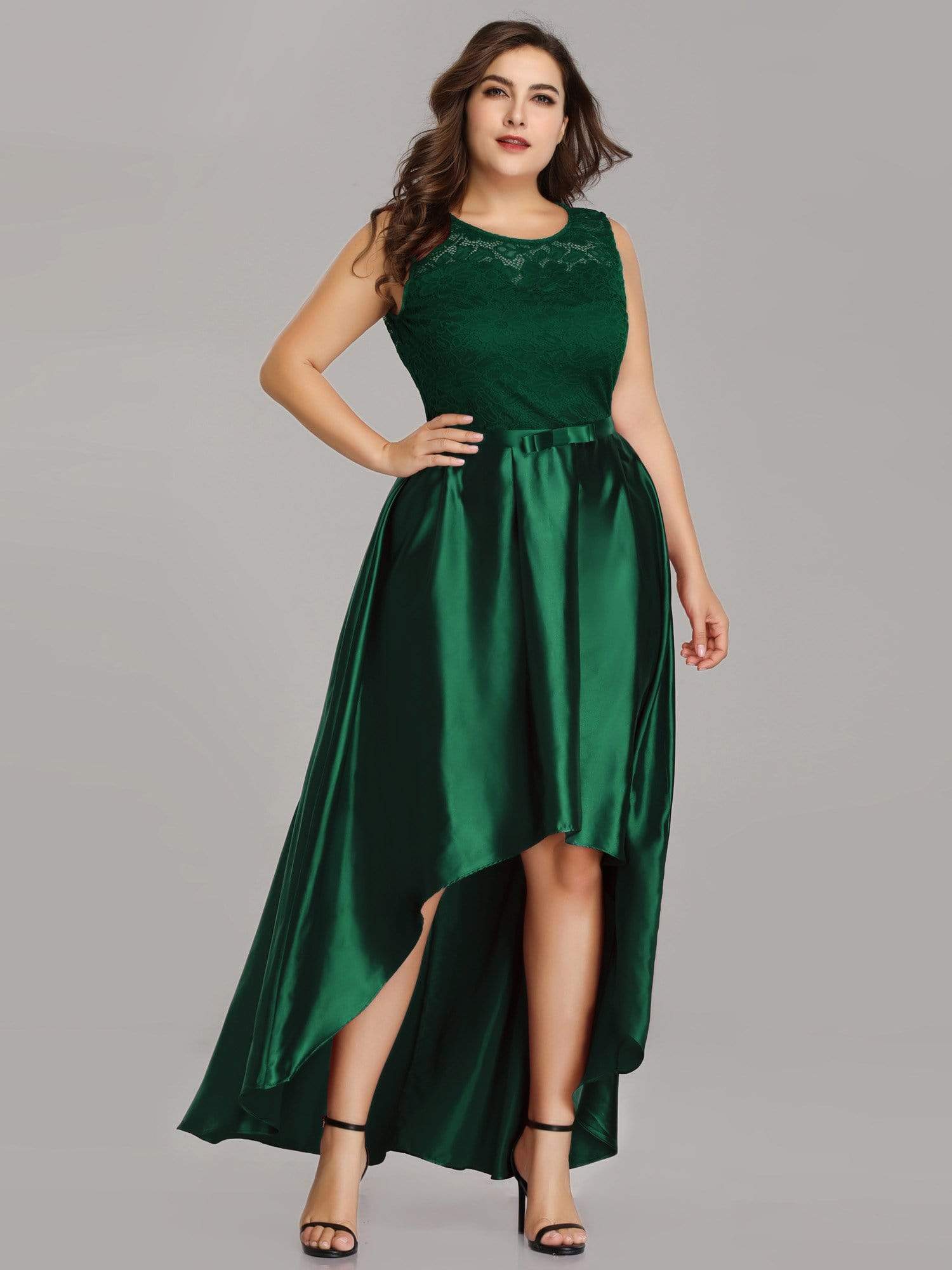 Color=Dark Green | Plus Size High Low Lace & Satin Party Dress-Dark Green 3 Color=Dark Green | Plus Size High Low Lace & Satin Party Dress-Dark Green 3