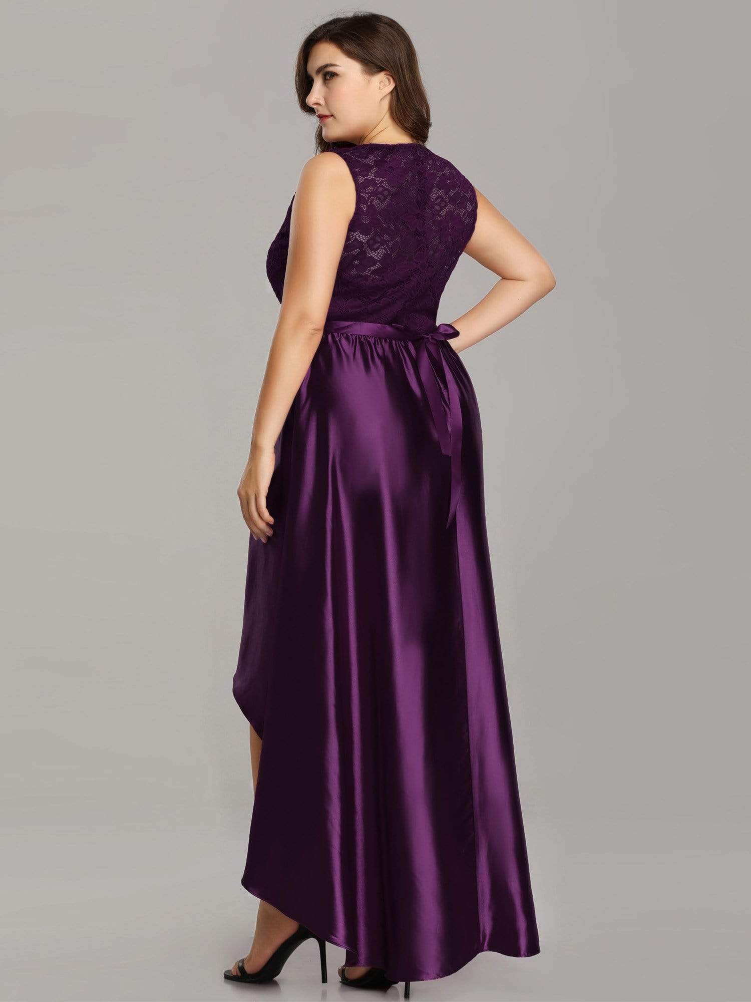 Color=Dark Purple | Plus Size High Low Lace & Satin Party Dress-Dark Purple 4 Color=Dark Purple | Plus Size High Low Lace & Satin Party Dress-Dark Purple 4