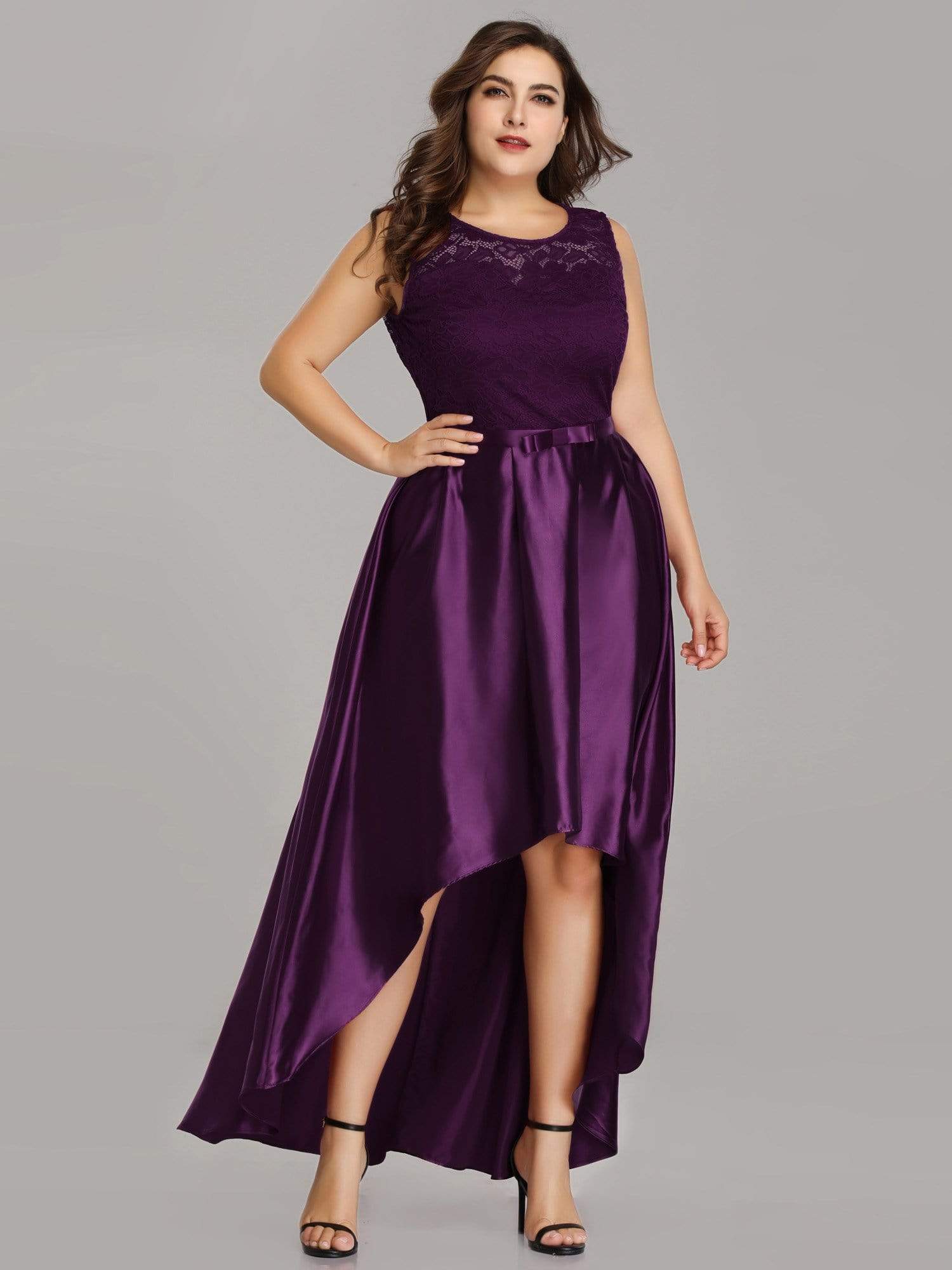 Color=Dark Purple | Plus Size High Low Lace & Satin Party Dress-Dark Purple 2 Color=Dark Purple | Plus Size High Low Lace & Satin Party Dress-Dark Purple 2
