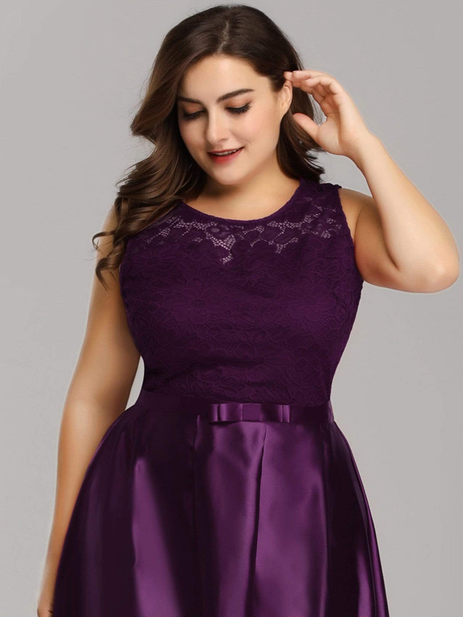 Color=Dark Purple | Plus Size High Low Lace & Satin Party Dress-Dark Purple 5 Color=Dark Purple | Plus Size High Low Lace & Satin Party Dress-Dark Purple 5