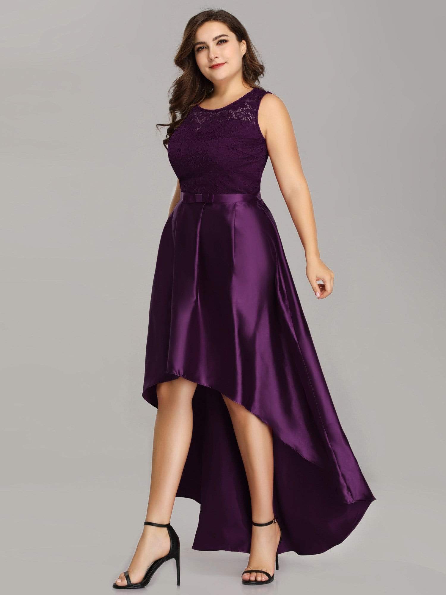 Color=Dark Purple | Plus Size High Low Lace & Satin Party Dress-Dark Purple 3 Color=Dark Purple | Plus Size High Low Lace & Satin Party Dress-Dark Purple 3
