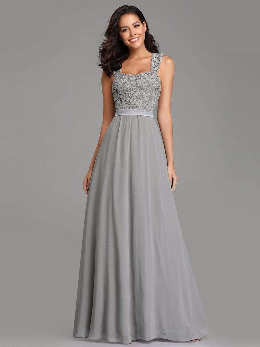 COLOR=Grey | Elegant A Line Long Chiffon Bridesmaid Dress With Lace Bodice-Grey 1 COLOR=Grey | Elegant A Line Long Chiffon Bridesmaid Dress With Lace Bodice-Grey 1