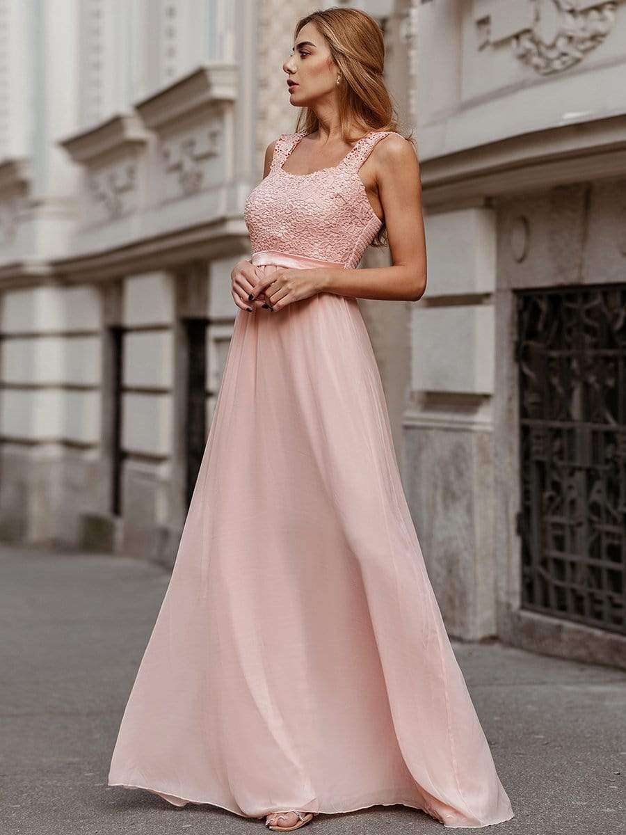 COLOR=Pink | Elegant A Line Long Chiffon Bridesmaid Dress With Lace Bodice-Pink 1 COLOR=Pink | Elegant A Line Long Chiffon Bridesmaid Dress With Lace Bodice-Pink 1