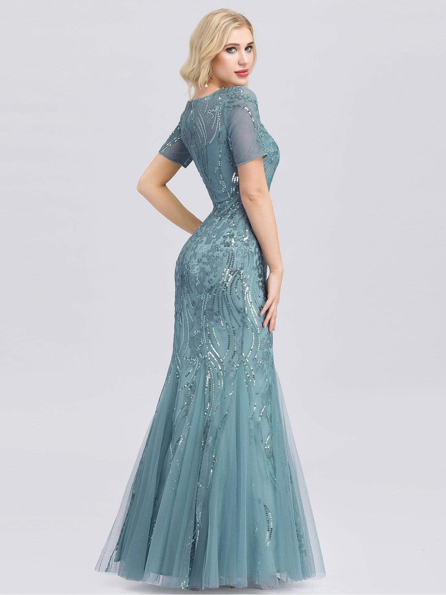 Color=Dusty Blue | Delicate Embroidery Sequin Fishtail Evening Dress-Dusty Blue 2 Color=Dusty Blue | Delicate Embroidery Sequin Fishtail Evening Dress-Dusty Blue 2