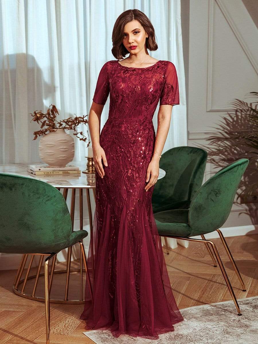 Color=Burgundy | Delicate Embroidery Sequin Fishtail Evening Dress-Burgundy 1 Color=Burgundy | Delicate Embroidery Sequin Fishtail Evening Dress-Burgundy 1