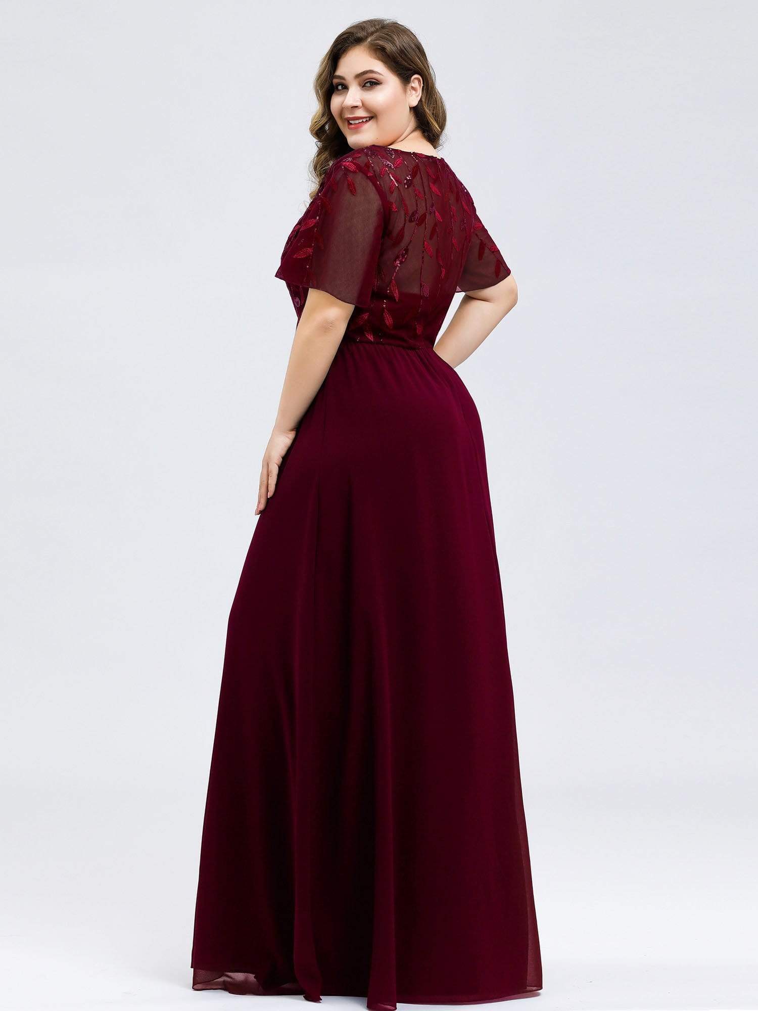 Color=Burgundy | Plus Size Floral Lace Sequin Print Evening Dresses With Cap Sleeve-Burgundy 2 Color=Burgundy | Plus Size Floral Lace Sequin Print Evening Dresses With Cap Sleeve-Burgundy 2