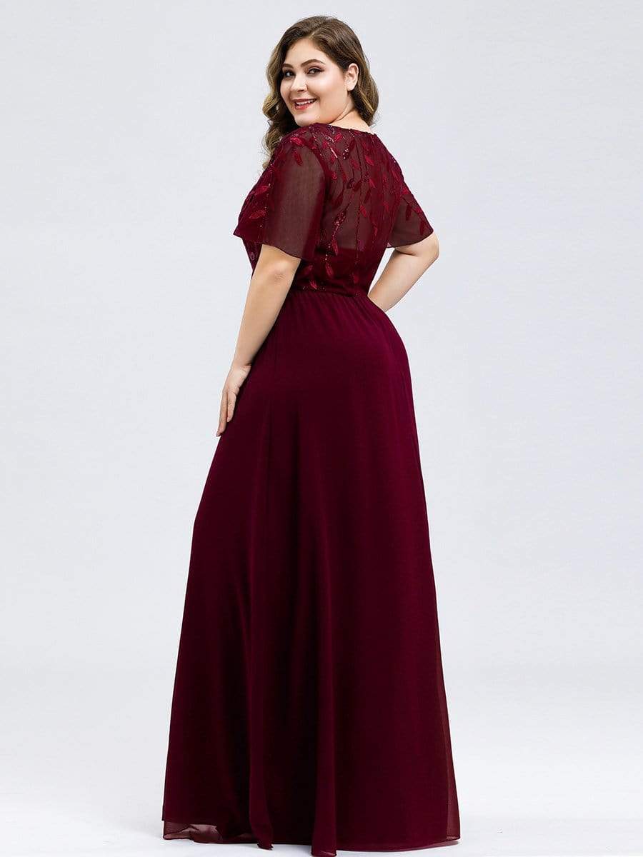 Color=Burgundy | Short Sleeve Paillette Evening Dress-Burgundy 6 Color=Burgundy | Short Sleeve Paillette Evening Dress-Burgundy 6