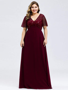 Color=Burgundy | Short Sleeve Paillette Evening Dress-Burgundy 8