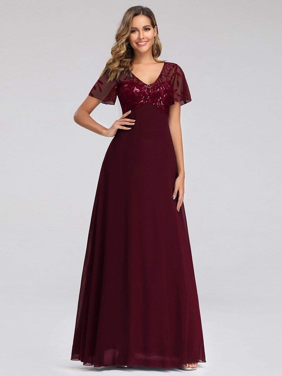 Color=Burgundy | Short Sleeve Paillette Evening Dress-Burgundy 3 Color=Burgundy | Short Sleeve Paillette Evening Dress-Burgundy 3