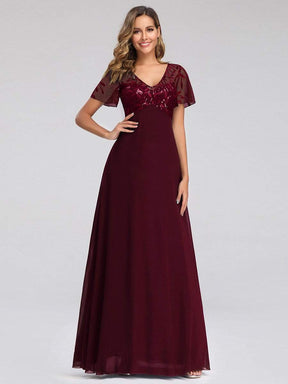 Color=Burgundy | Short Sleeve Paillette Evening Dress-Burgundy 3