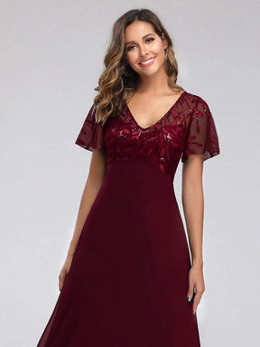Color=Burgundy | Short Sleeve Paillette Evening Dress-Burgundy 10