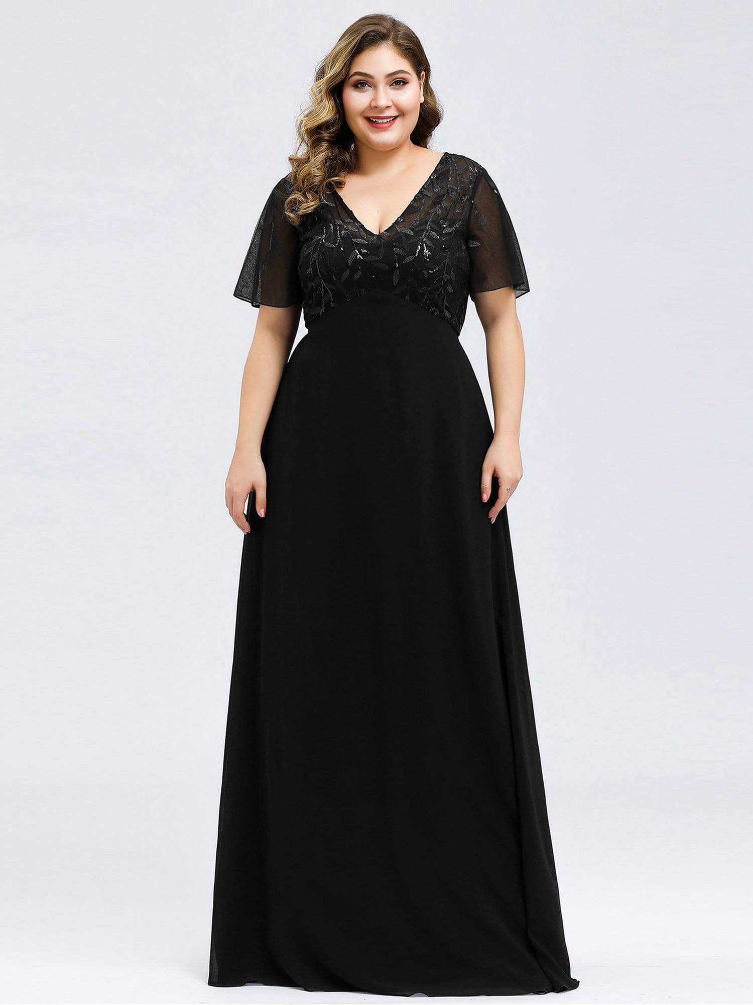 Color=Black | Plus Size Floral Lace Sequin Print Evening Dresses With Cap Sleeve-Black 4