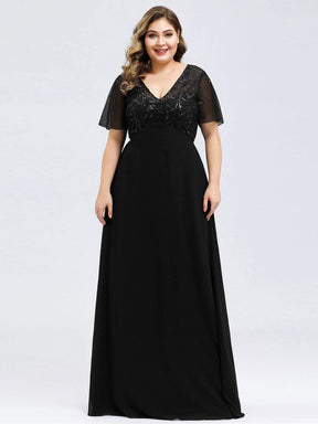 Color=Black | Short Sleeve Paillette Evening Dress-Black 9