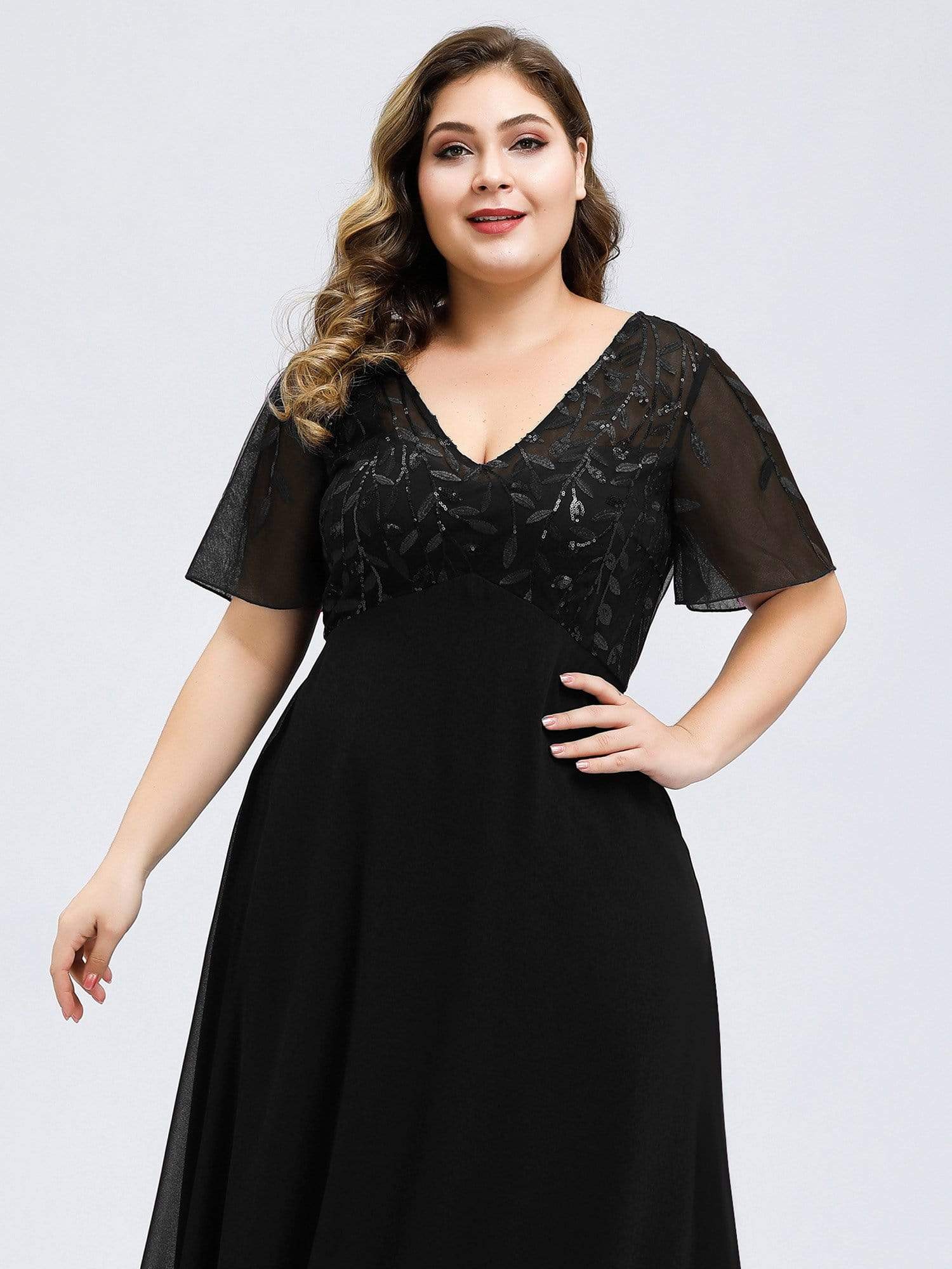 Color=Black | Plus Size Floral Lace Sequin Print Evening Dresses With Cap Sleeve-Black 5