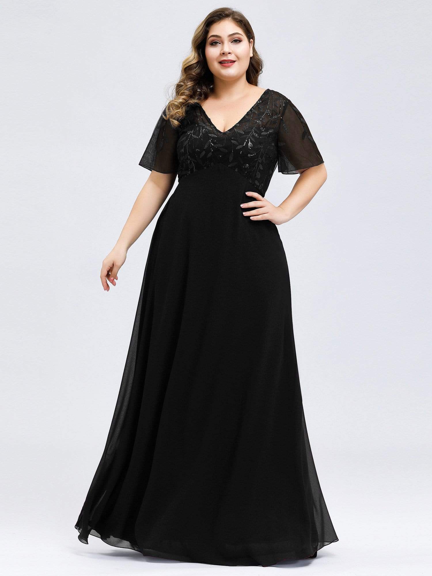 Color=Black | Short Sleeve Paillette Evening Dress-Black 6 Color=Black | Short Sleeve Paillette Evening Dress-Black 6
