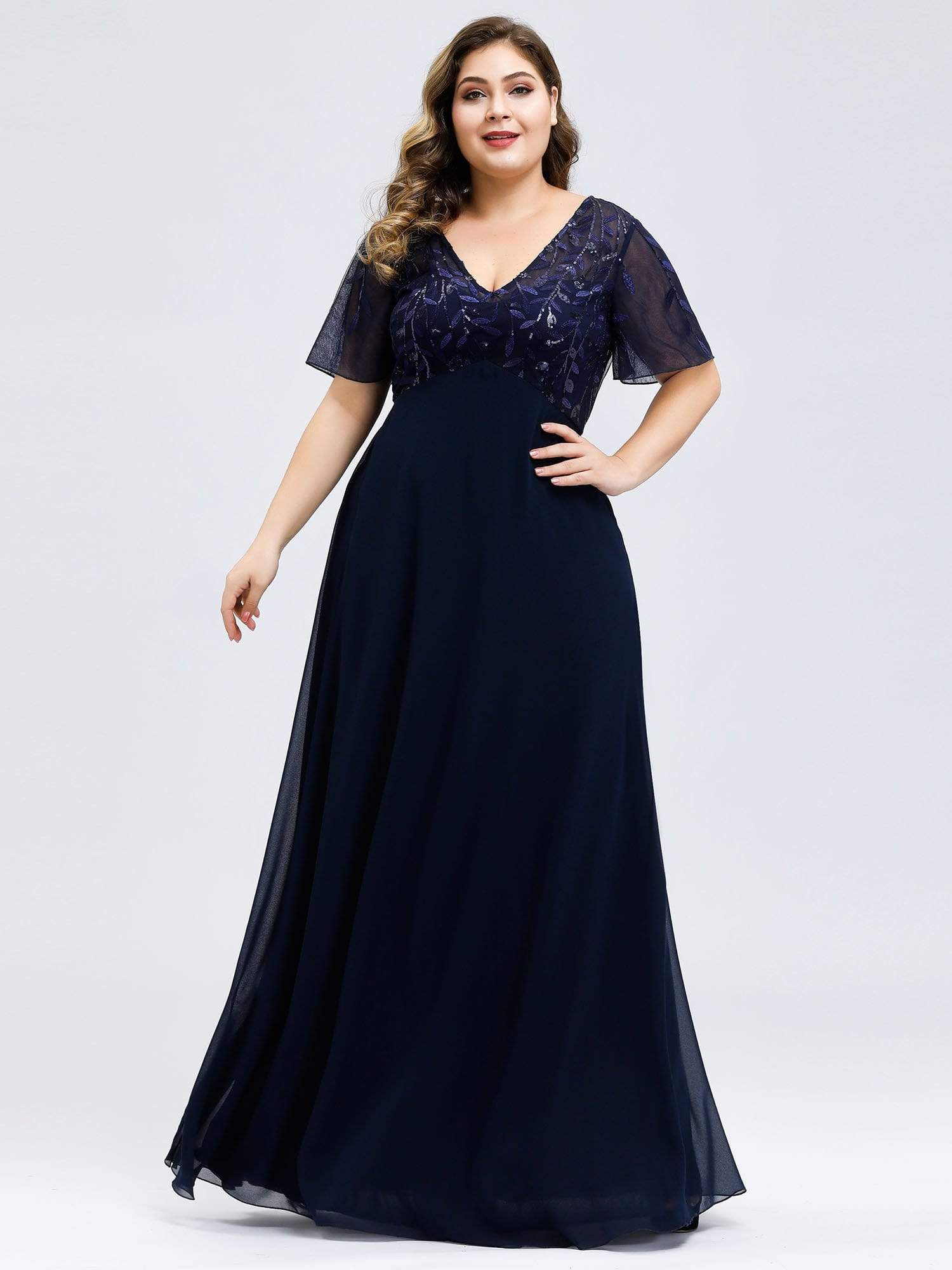 Color=Navy Blue | Plus Size Floral Lace Sequin Print Evening Dresses With Cap Sleeve-Navy Blue 1 Color=Navy Blue | Plus Size Floral Lace Sequin Print Evening Dresses With Cap Sleeve-Navy Blue 1
