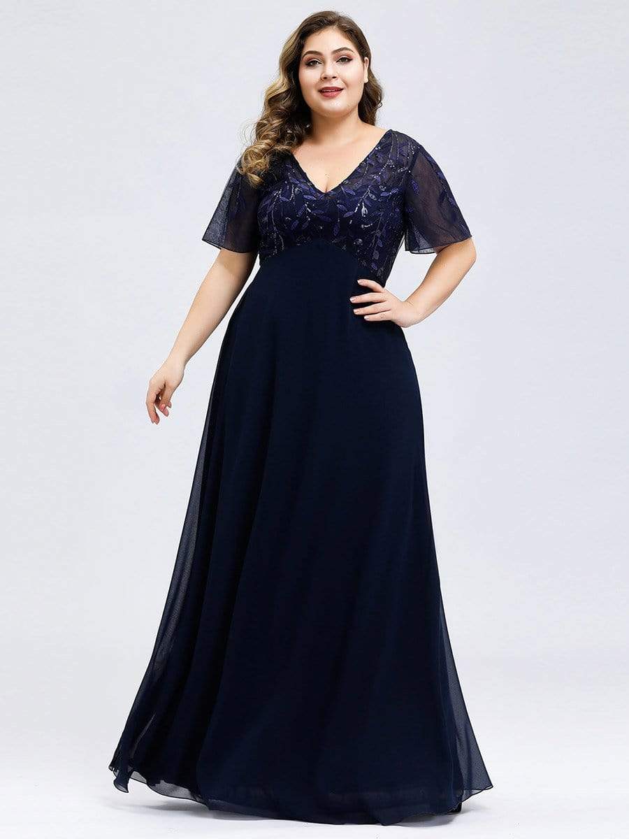 Color=Navy Blue | Short Sleeve Paillette Evening Dress-Navy Blue 6 Color=Navy Blue | Short Sleeve Paillette Evening Dress-Navy Blue 6